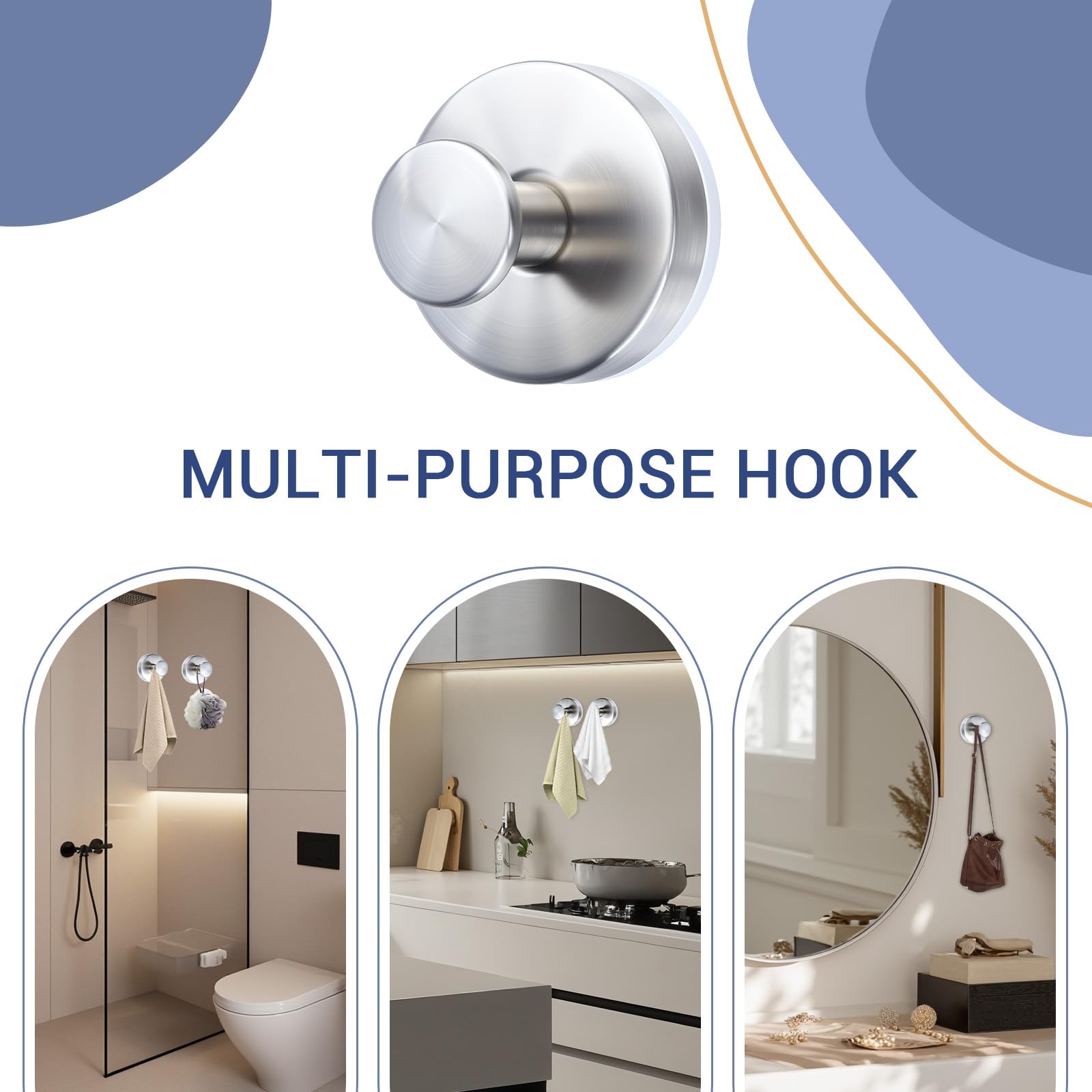 WellMade 2 Pack Brushed Stainless Steel Suction Cup Hooks for Shower Bathroom Kitchen Waterproof Rustproof Wall Hooks for — view 6