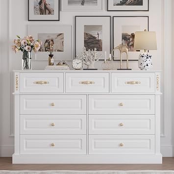 Mekminop Extra Large 9 Drawers Dresser for Bedroom, Wood Chest of Drawers with Gold Knobs, Tall Storage Dressers Organizer for Living Room, Hallway 63" W x 15.75" D x 39.4" H White