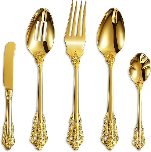 KEAWELL Precioso juego de utensilios para servir anfitriona de acero inoxidable 18/10 de 5 piezas, color dorado