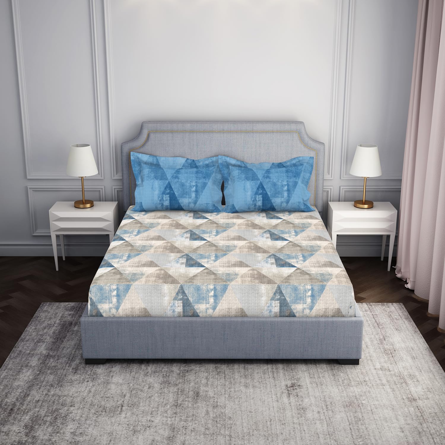 Spaces Atrium 100% Pure Cotton King Size Fitted Bedsheet for Queen Size Bed with 2 Pillow Covers | 144 TC Double Bedsheet with Ornate Print | Breathable & Super Soft (72" X 78" Inches) - Light Blue