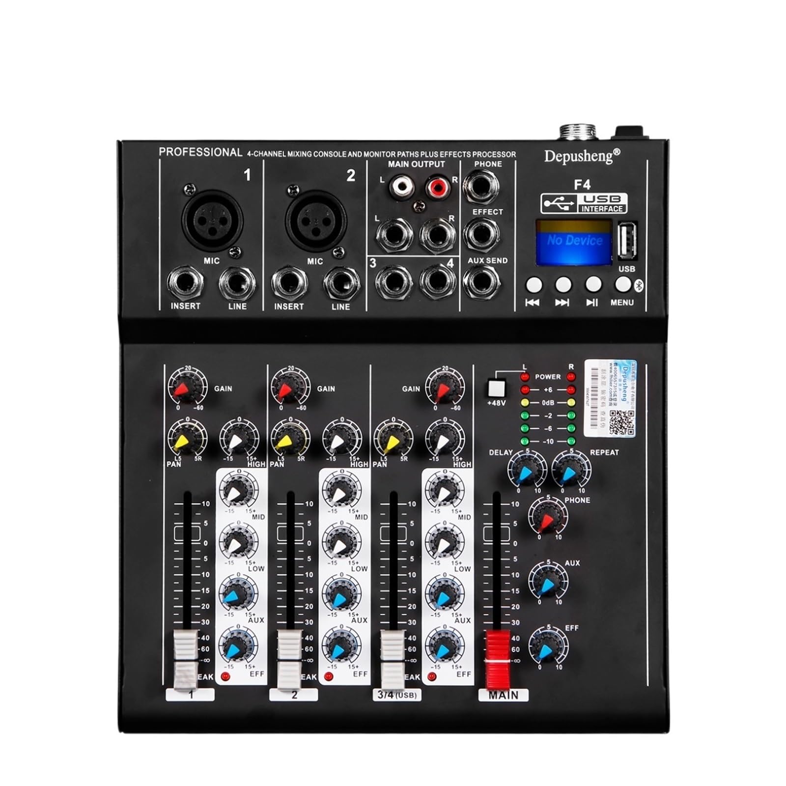 4-kanałowy mikser dźwięku DJ F4 Mikser Bluetooth PC USB Odtwarzanie Nagrywanie Kontroler 48 V Konsola miksująca