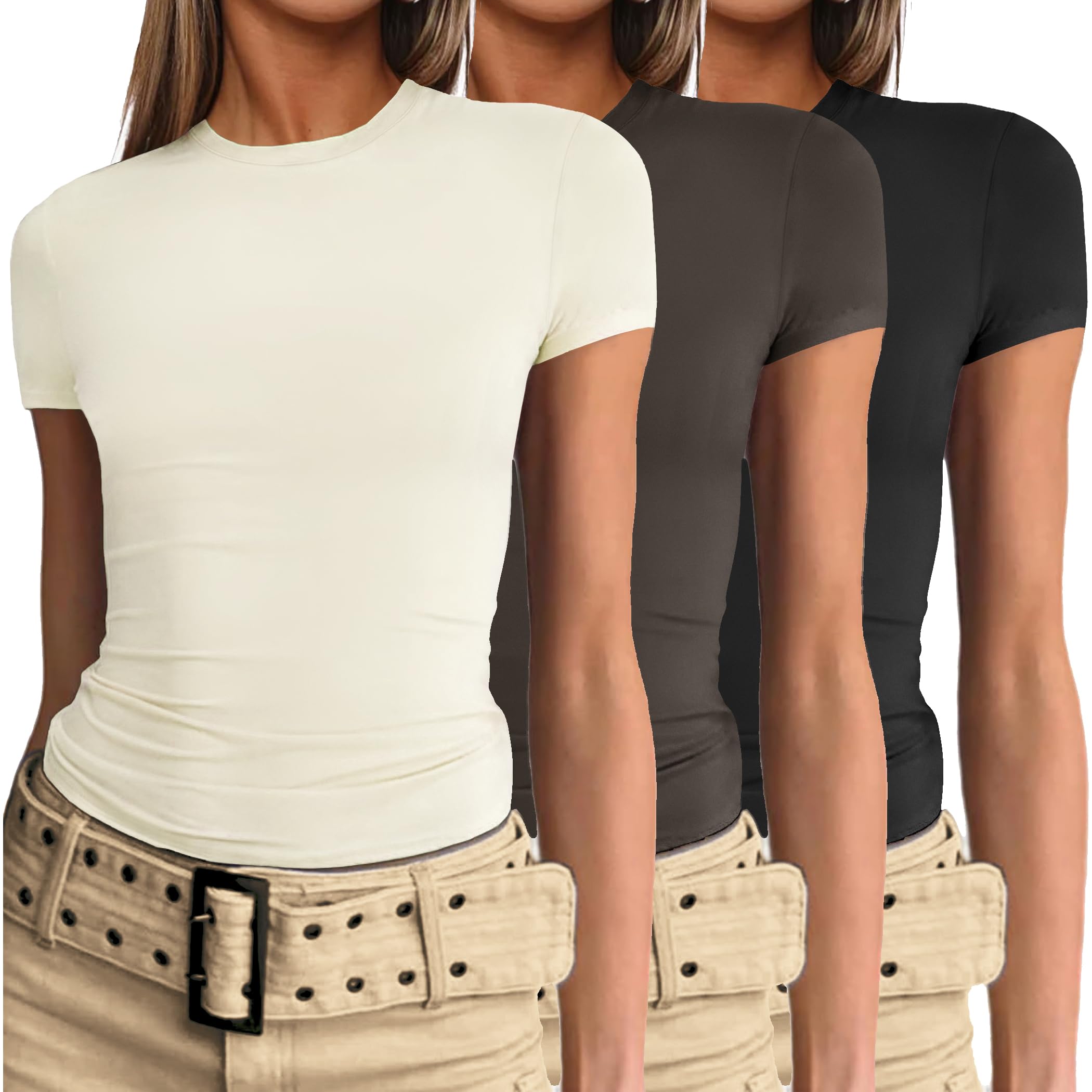 Ekouaer Damen 3 Pack T-Shirts Rundhals Unterhemd Kurzarm Stretch Oberteil Slim Fit Basic Crop Tops Sommer Outfit S-XXL