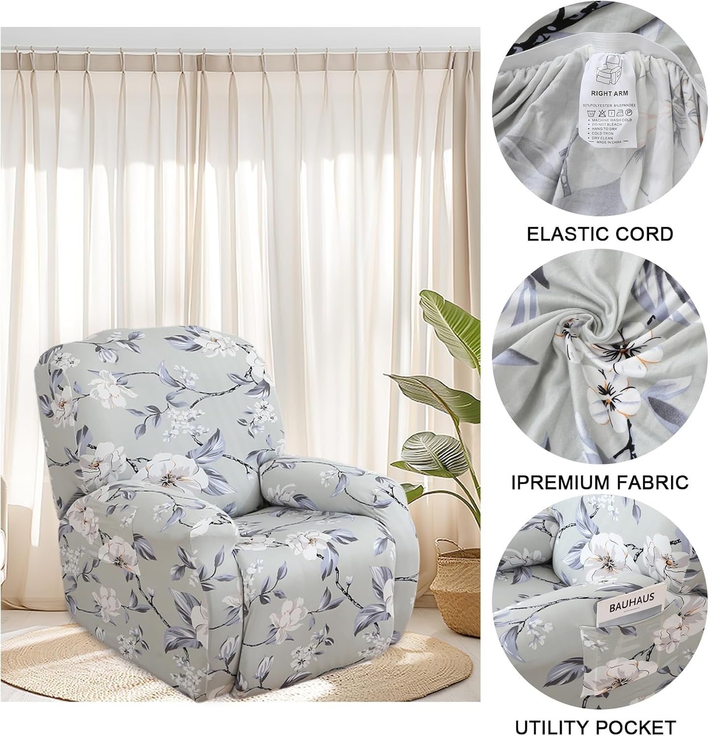 FUANGUI Recliner Chair Cover 4-Pieces Lazyboy Cover for Recliner Chair with Storage Pockets Furniture Protector for Living Room, Jacquard Sofa Slipcover for Kids, Pets, Dog and Cat, 10