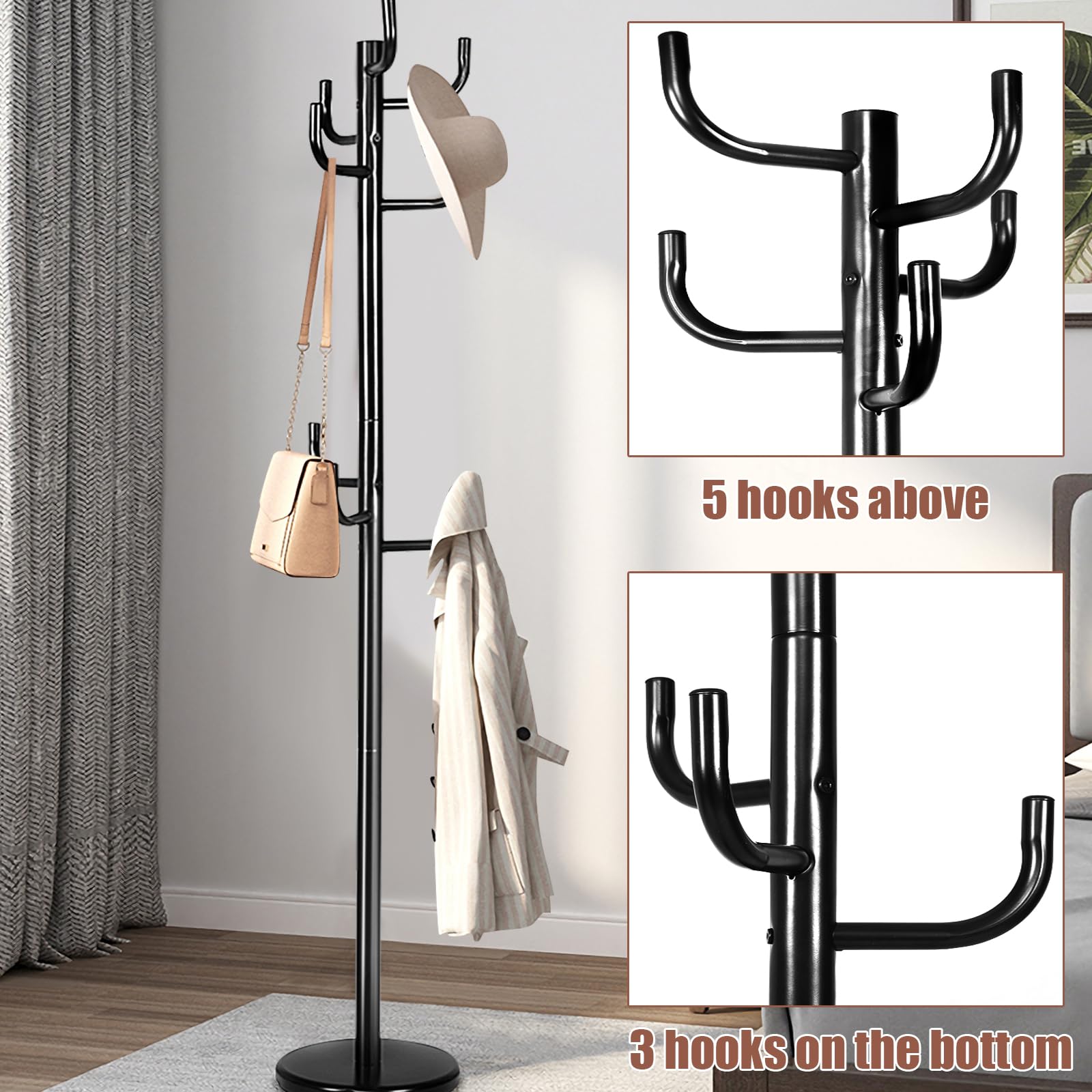 HOMASIS Attaccapanni da Terra da Pavimento, Appendiabiti in Ferro, Stand Appendiabiti da Terra per Ingresso, Corridoio, Salotto, Mobile Porabiti per Cappotti con 8 Ganci, Altezza 175 cm, Nero