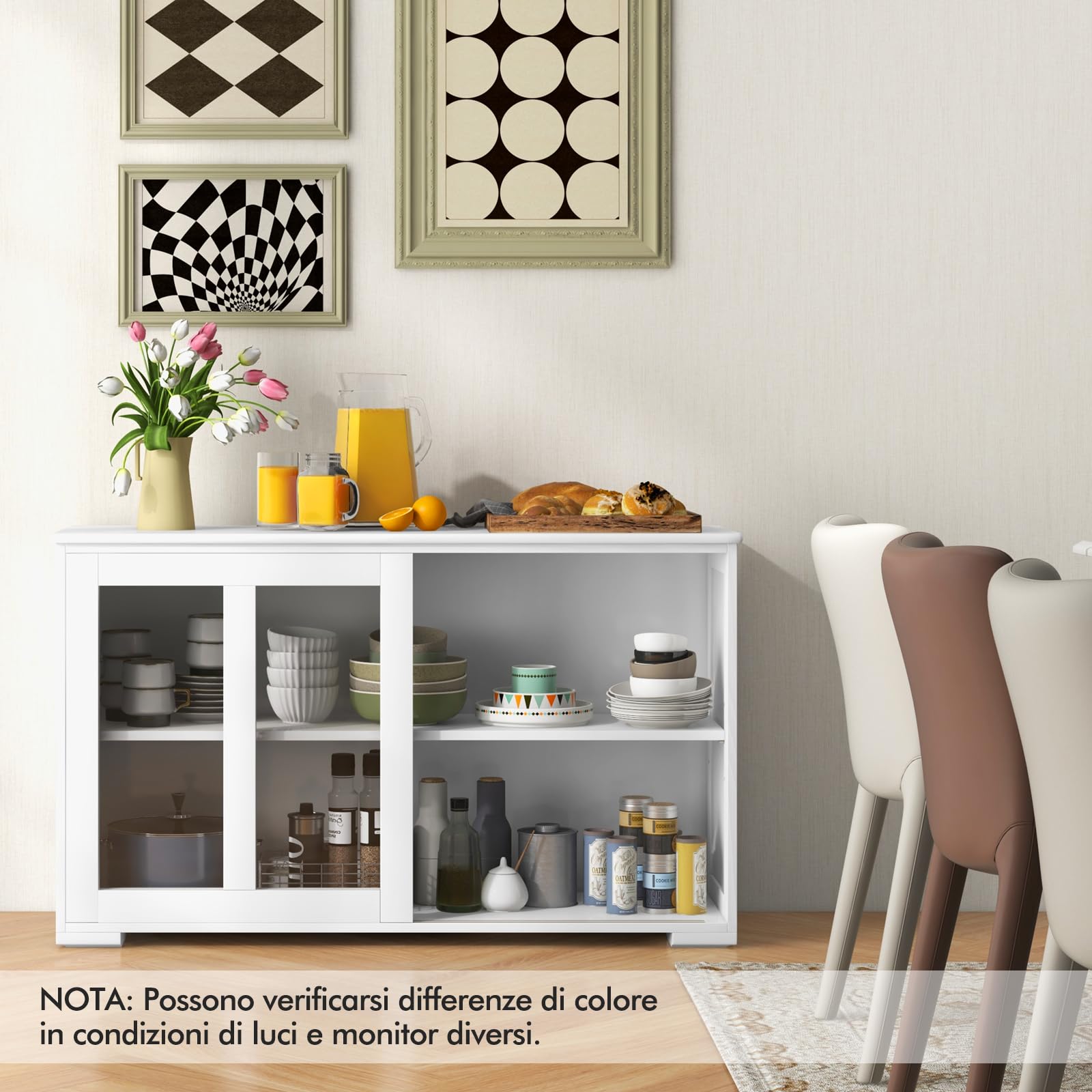 COSTWAY Armadietto da Cucina Mobile Laterale Multiuso con Ante Scorrevoli, in MDF e Vetro, 106,5 x 33 x 62,5 cm (Bianco)