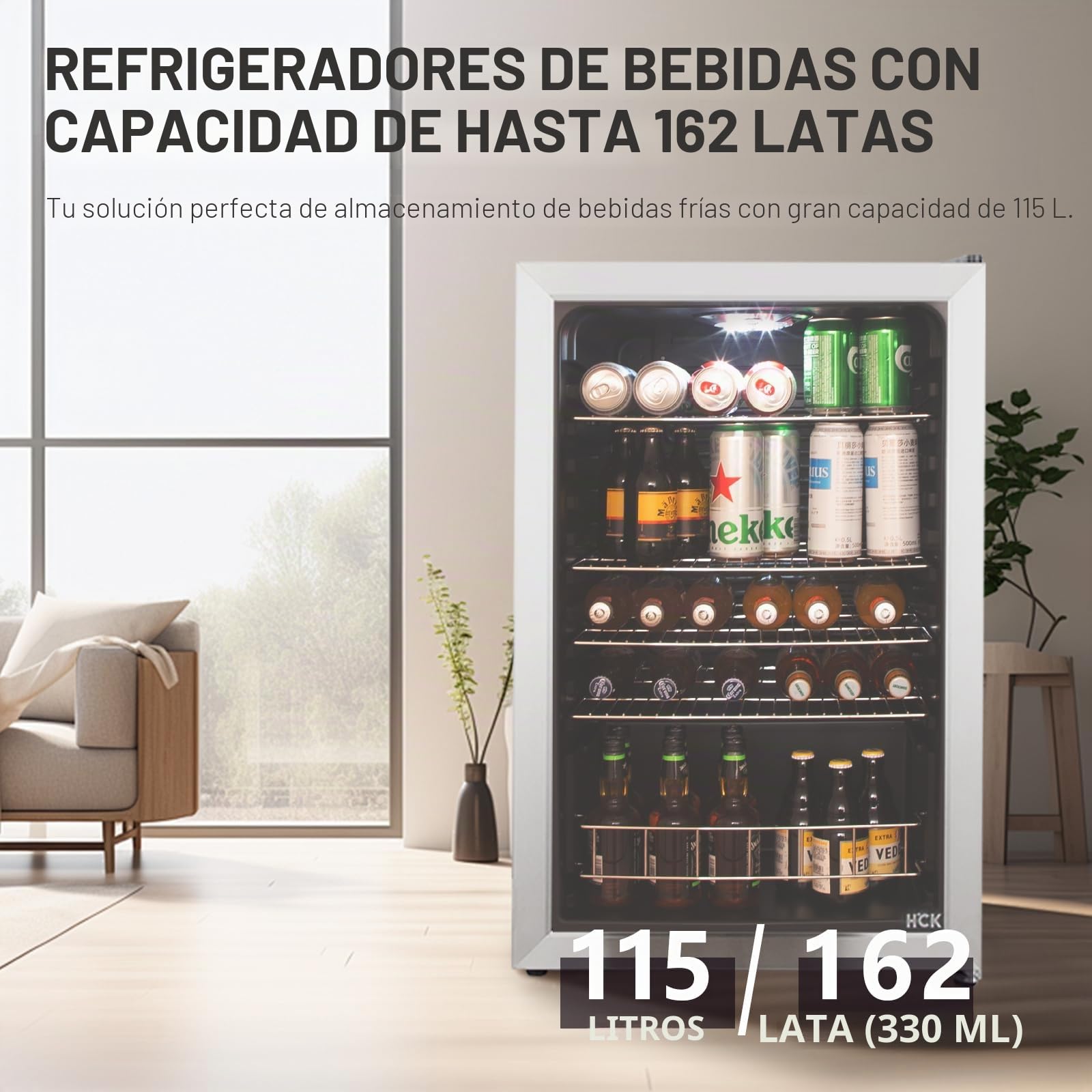 HCK Refrigerador de Bebidas Independiente de 115L con Puerta de Vidrio Doble, Temperatura Ajustable de 0-10℃, 4 Estantes Removibles para Cerveza y Bebidas