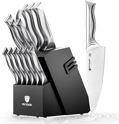 BRODARK Kitchen Knife Set with Block - 15-Piece Knife Block Set with Built-in Sharpener - High Carbon Stainless Steel Kitchen Knives Set for Kitchen