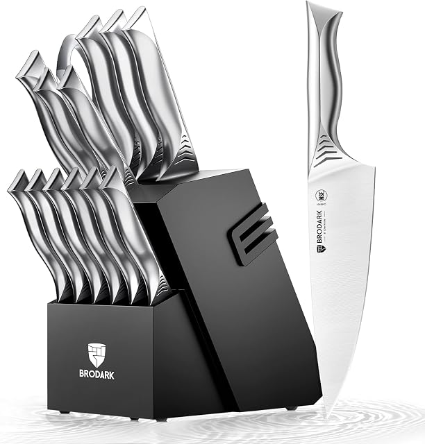 BRODARK Kitchen Knife Set with Block, 15-Piece Knife Block Set with Built-in Sharpener, High Carbon Stainless Steel Kitchen Knives Set for Kitchen, Shark Series