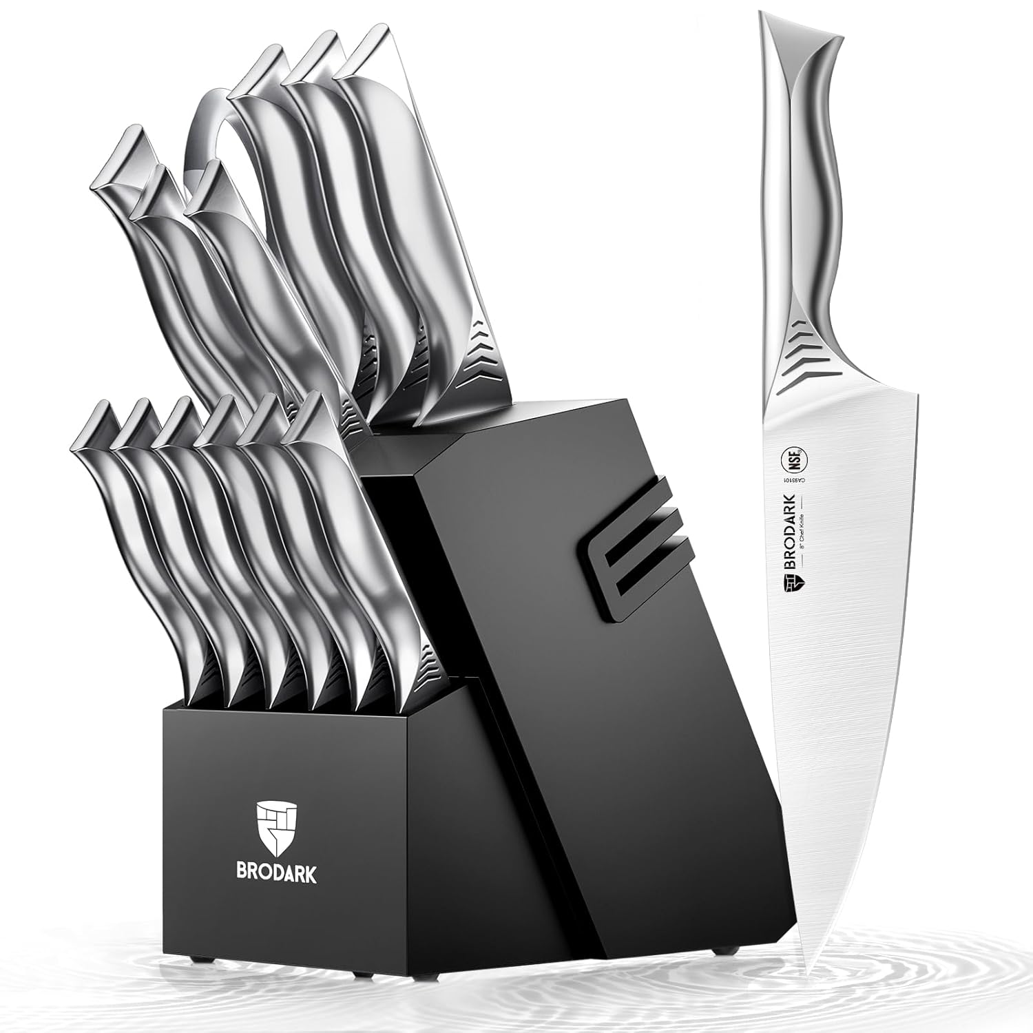 BRODARK Kitchen Knife Set with Block - 15-Piece Knife Block Set with Built-in Sharpener - High Carbon Stainless
