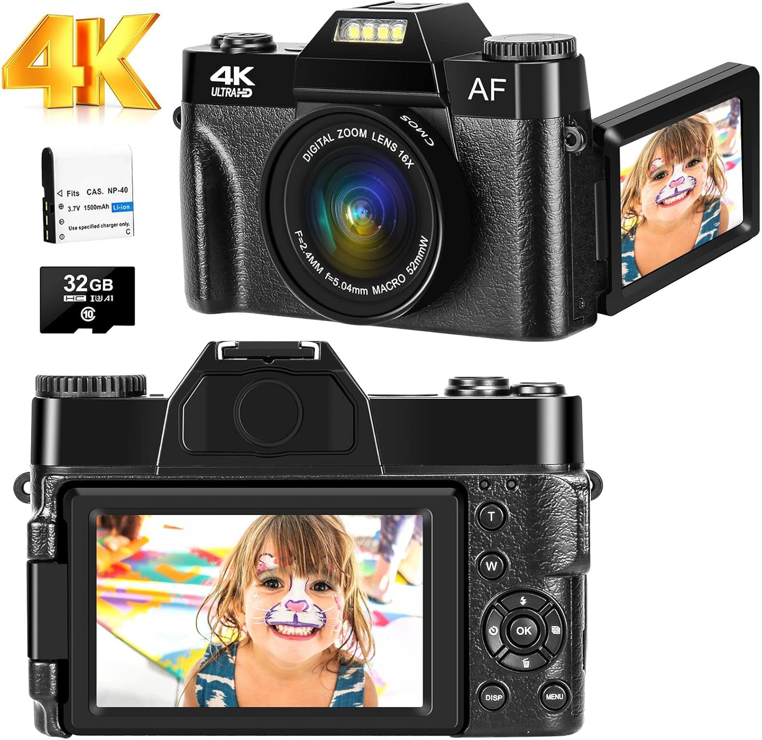 NIUBB Digital Camera 4K 48MP Vlogging Camera with 32GB SD Card, Compact