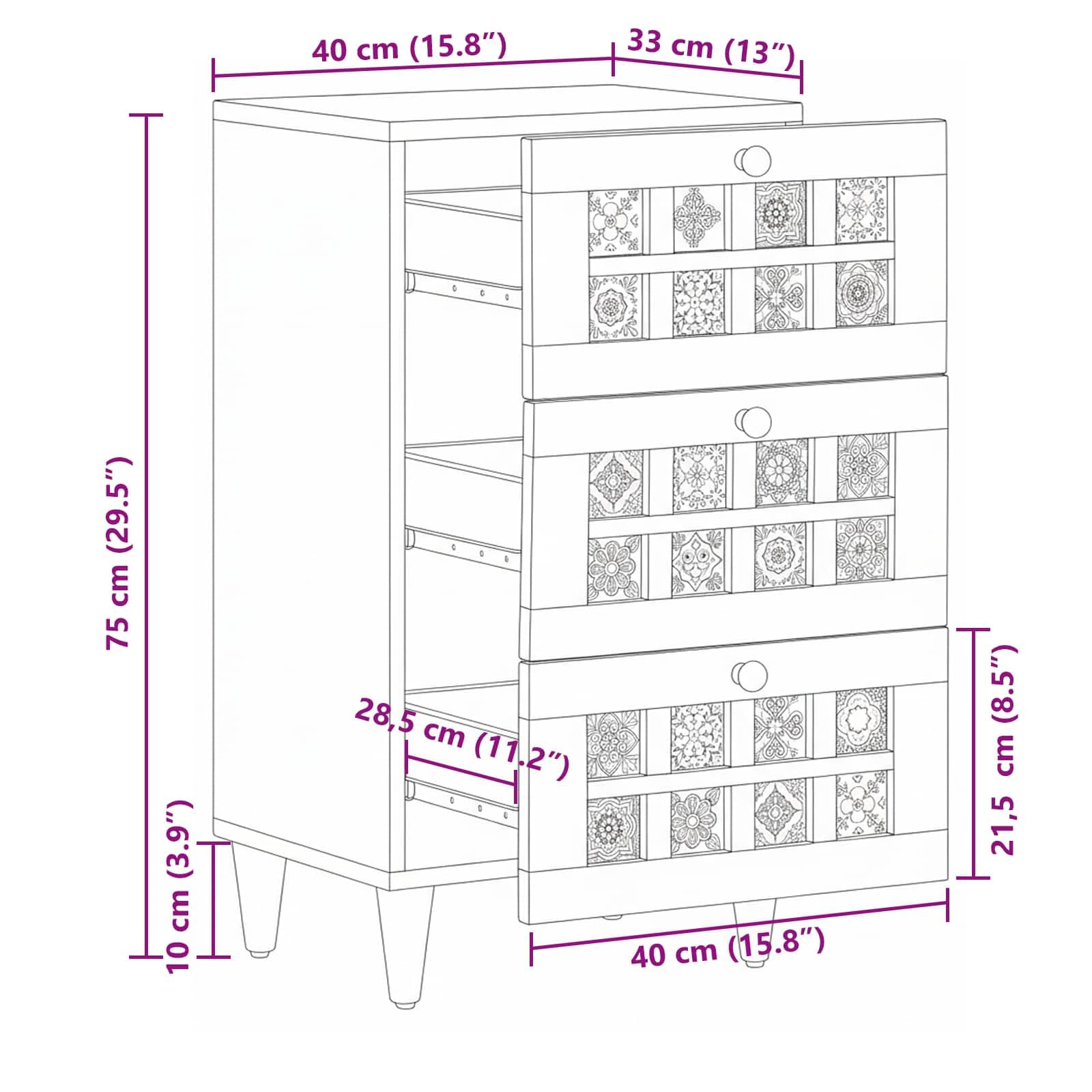 Sideboard mit Schubladen aus Massivholz Mango Natur 40 x 33 x 75 cm, modernes Lowboard und Medienmöbel für Wohnzimmer, TV, HiFi Rack, mit Stauraum für DVDs, Blu Ray, Vinyl und Gaming Zubehör