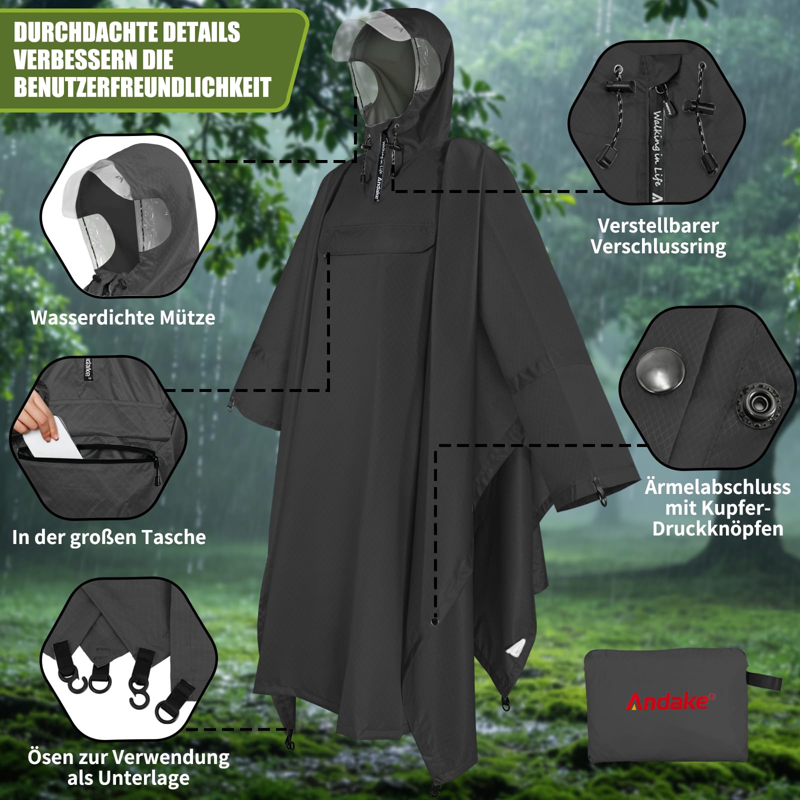 Andake 3-in-1 Regenponcho, Wasserdichter Regenponcho unisex, Wiederverwendbar, Leicht & Tragbar, Ideal für Camping, Wandern & Angeln im Freien