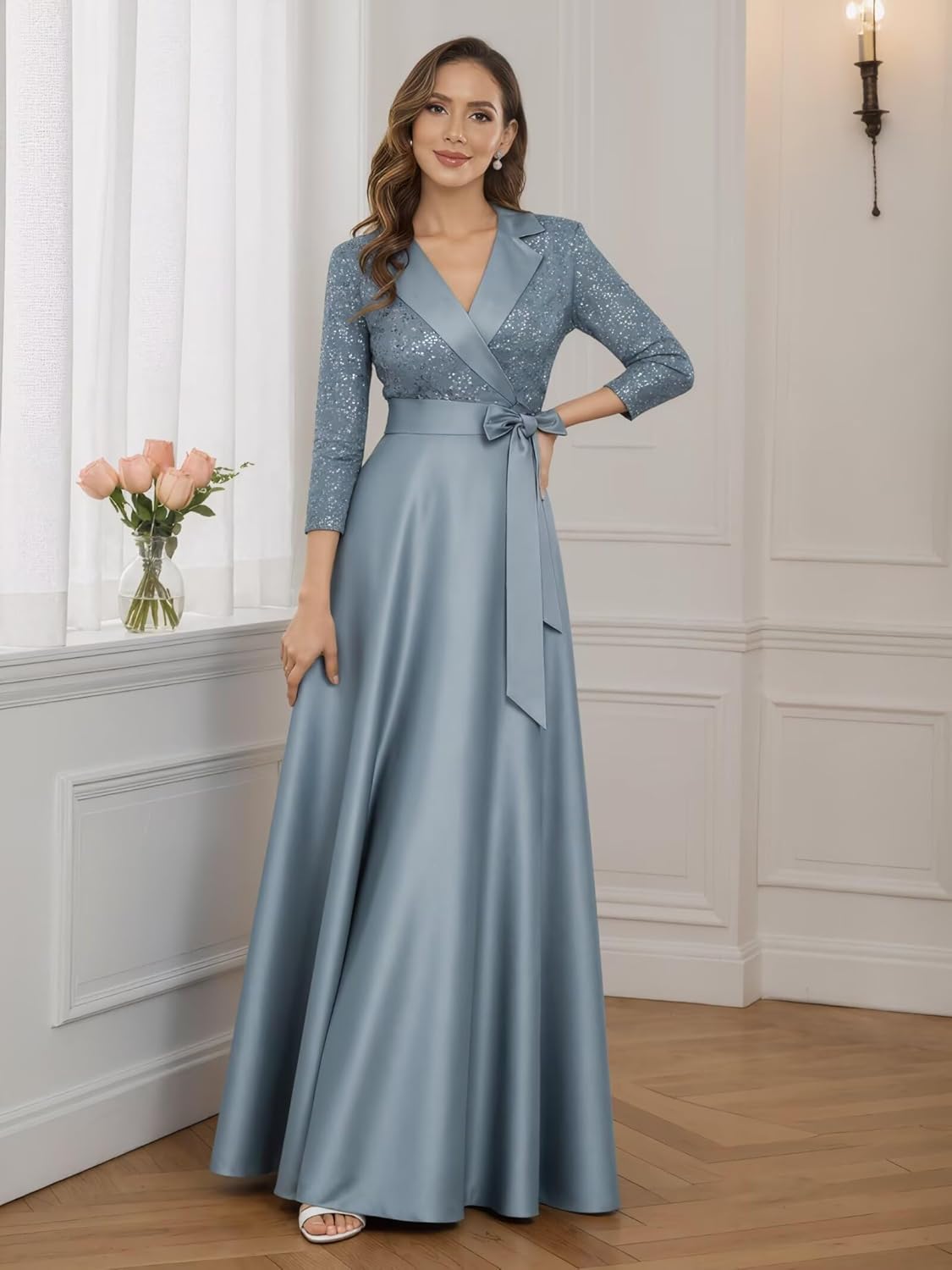 3/4 Sleeves Mother of The Bride Dresses with Bow for Women Sequin Satin Long Formal Wedding Guest Dress with Pockets - Image 4