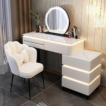 Makeup Vanity Desk, Modern Dressing Table with Smart Mirror and Rock Slab Countertop, Solid Wood Frame Vanities Includes LED Ambient Light and Flower Shaped Chair for Bedroom White,40"