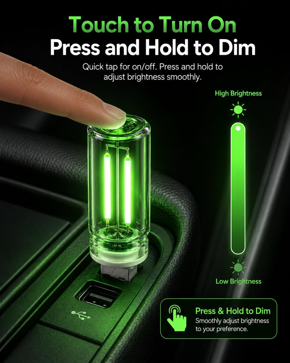 6 Pack USB Car Night Light, Touch Dimmable Mini Retro Glass Bottle LED Ambient Lights, Plug-in USB Interior Mood Lights for Car, Truck, Bedroom, Desk, Camping Decor (Green) image 4