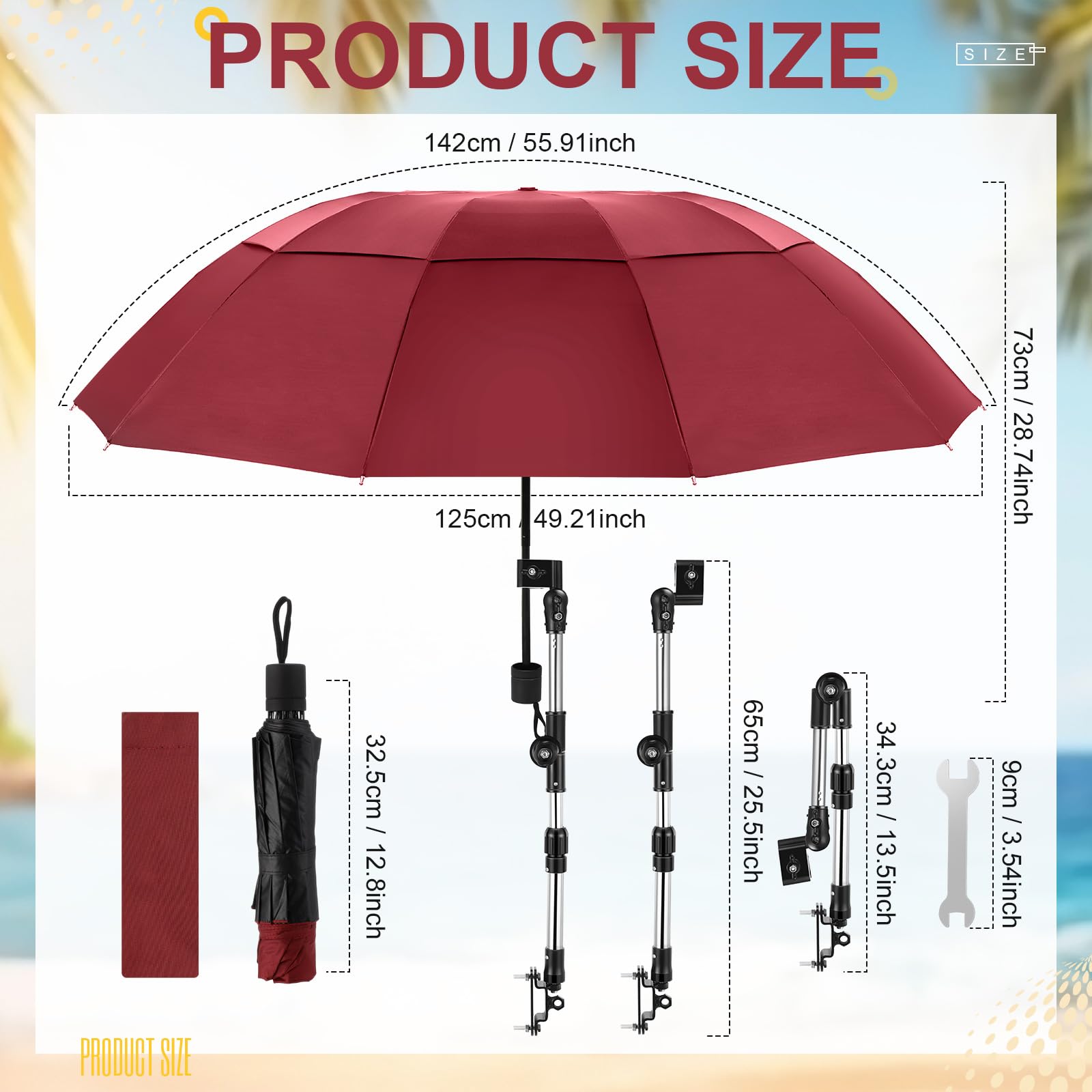 Paquete de 2 paraguas grande para silla de doble dosel con abrazadera ajustable, sombrilla para silla de playa, paraguas plegable portátil para deportes al aire libre, carrito de golf, patio