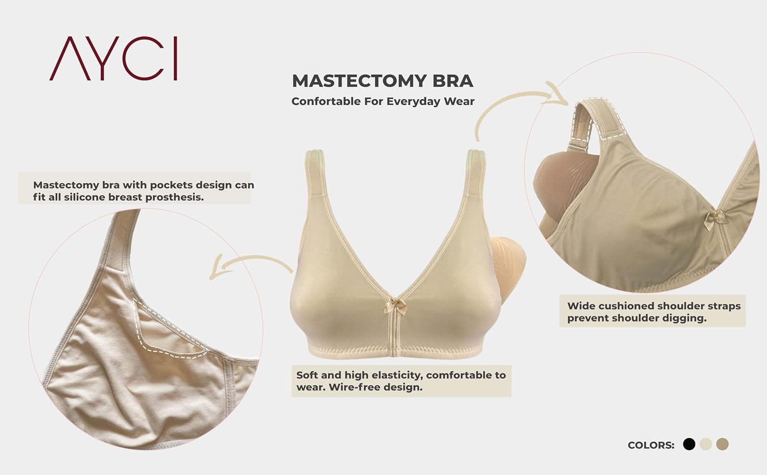 Lace Mastectomy Bra with Pockets, Wireless Cotton Post-Surgery Bra, Adjustable Wide Straps, Plus Size