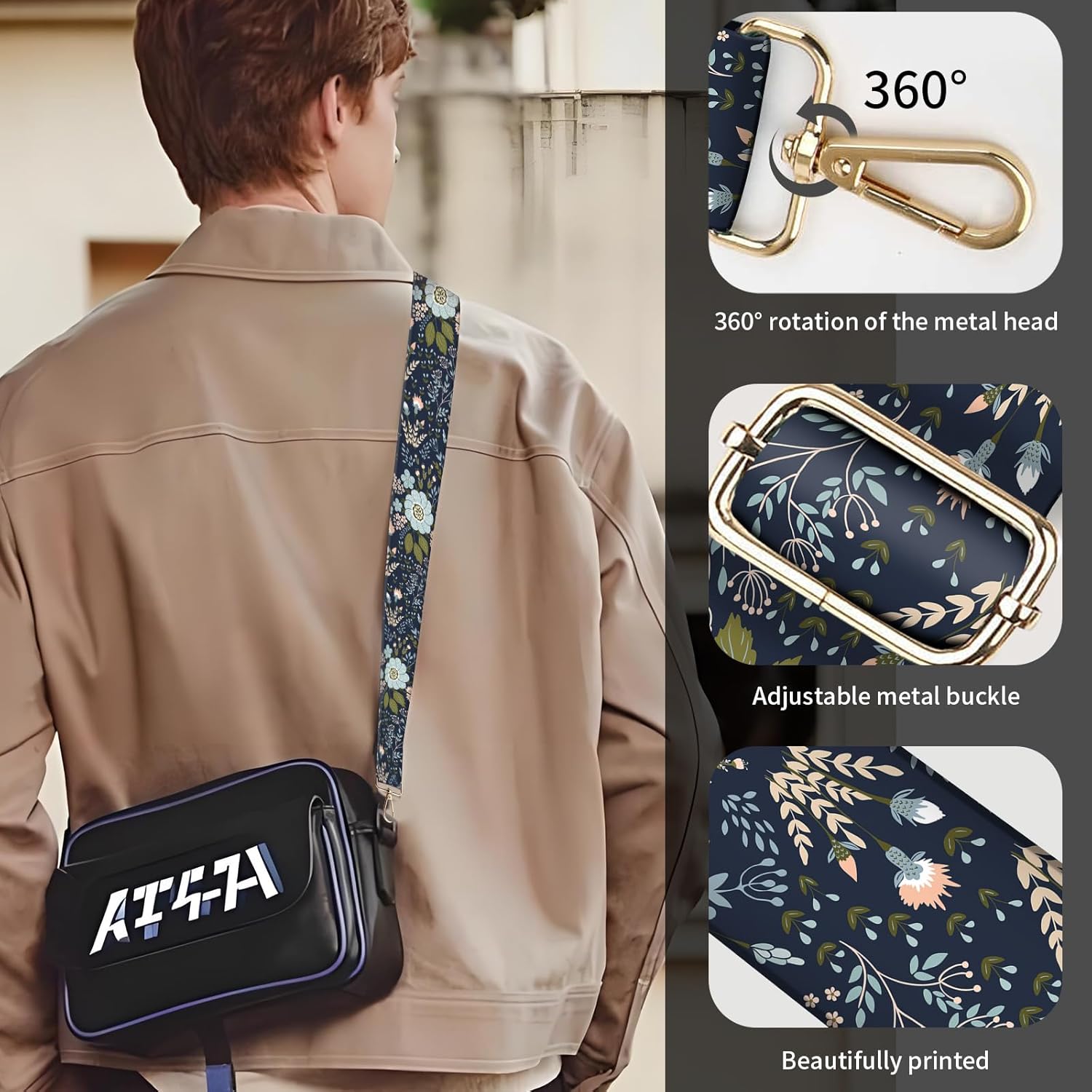 Purse Strap Replacement Crossbody 1.5 Inches Wide, Gold Buckle Guitar Style Shoulder Bag Straps Adjustable for Women Men Handbags Blue Boho Flowers - Image 4