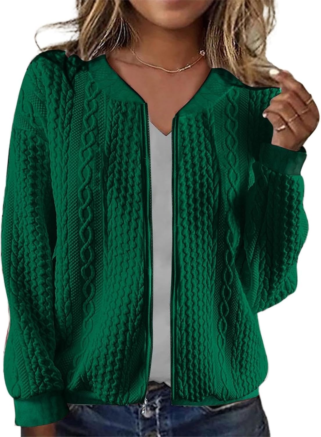 Women's Zip Up Cardigan Sweater Cable Hoodies Long Sleeve Jacket Outfits Crewneck Casual Coat
