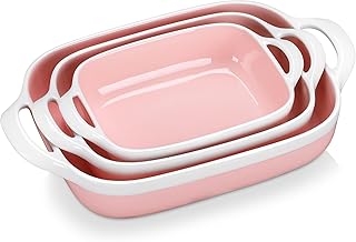 LOVECASA Casserole Dish, Ceramic Baking Set of 3, Rectangular Baking Dishes, Oven Dish, Serving Dish Set for Tapas, Casserole, Roasting, Cooking Dishes for Oven, Pink