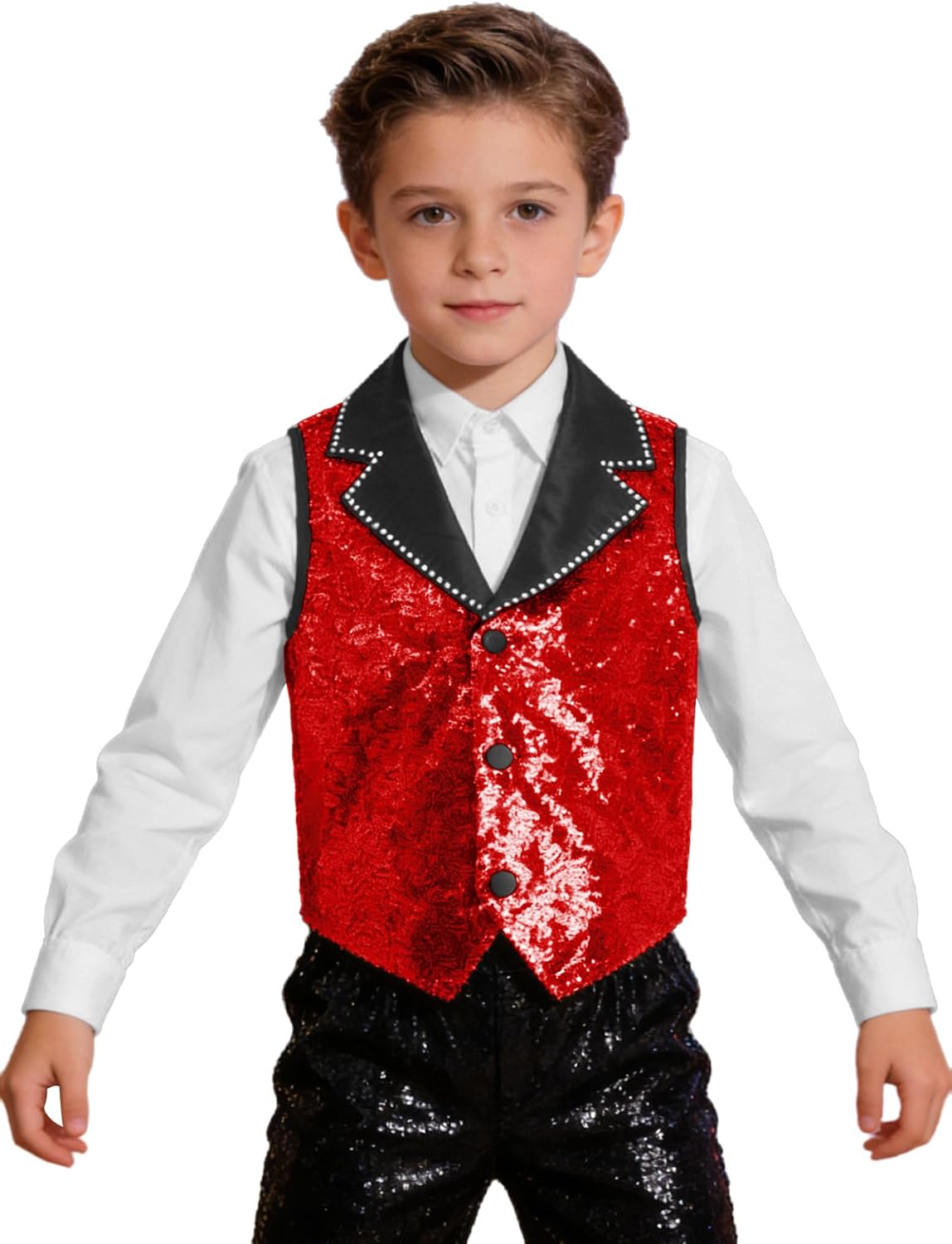 DINORMIN Kids Boys Sparkly Coat Sequin Blazer Vest Latin Jazz Dance Performance Tops Formal Suit Glitter Waistcoat