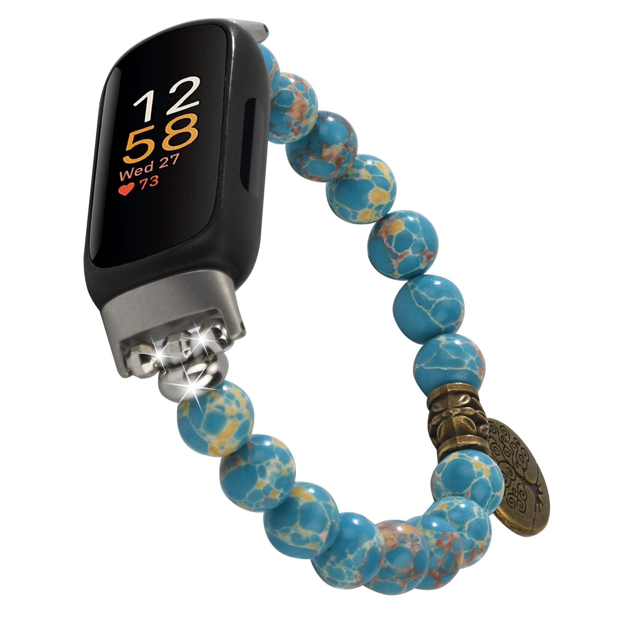 Wongeto Compatible with Fitbit Inspire 3 Band Natural Gemstone Beaded Handmade Elastic Stretch Bracelet Tree of Life for Fitbit insprie 3 Women (Lake Blue)