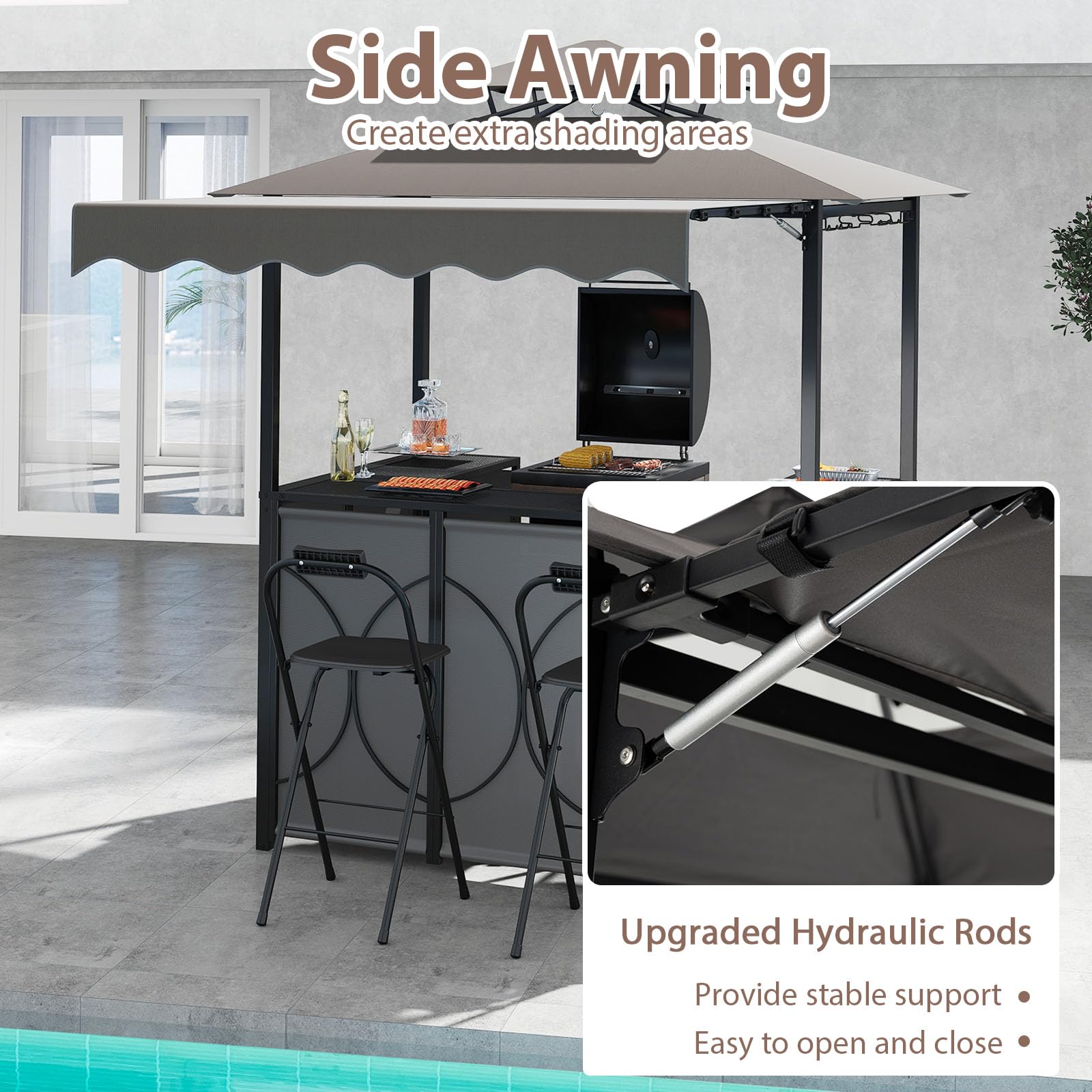 HOMASIS Grillpavillon mit Bartisch und 2 Hockern, strapazierfähiger Outdoor-Pavillon mit Doppeldach, regen- und feuerfeste Pergola (Grau, mit Seitenzelt, 193 x 117 x 240 cm)