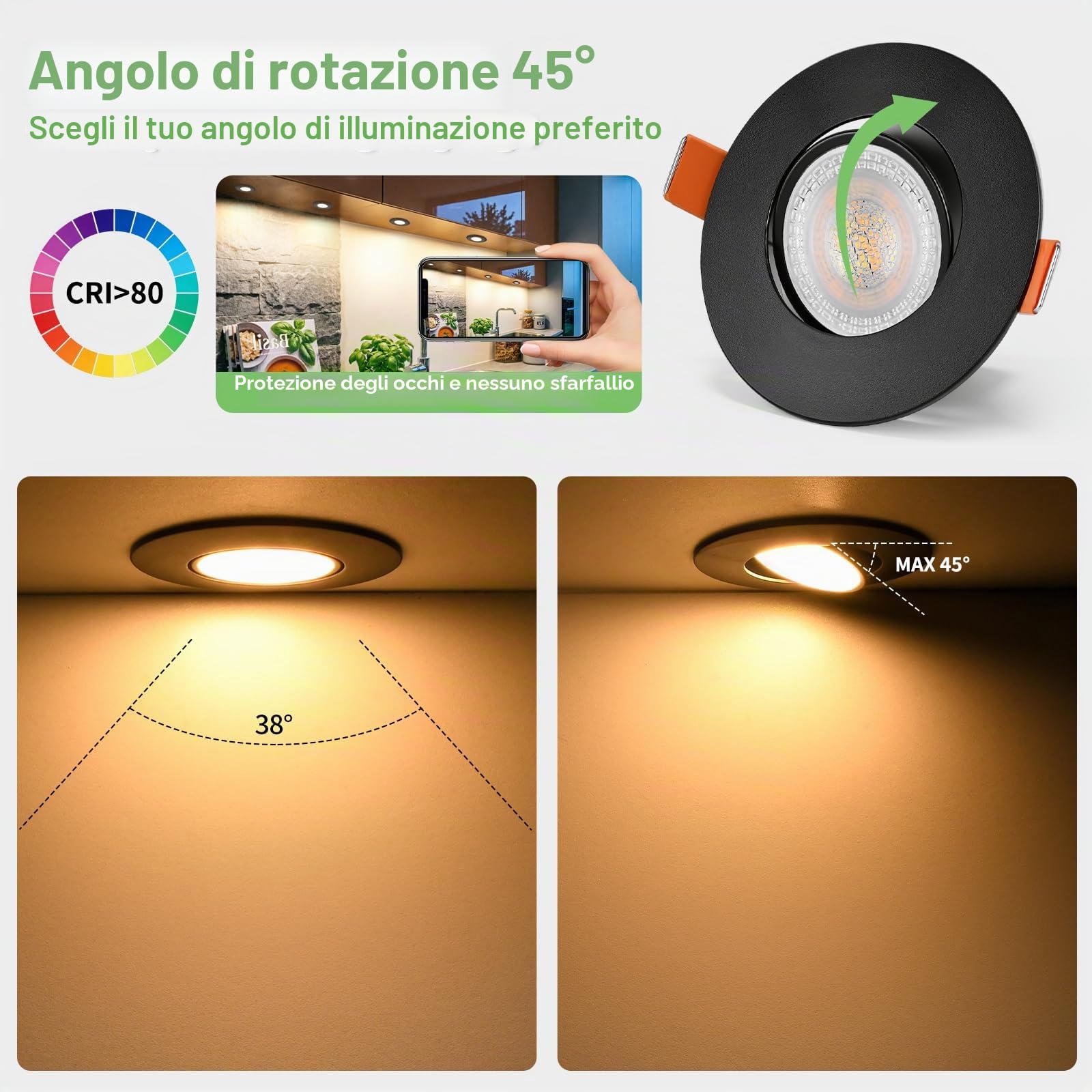 YindaLux Faretto LED da incasso 230V Dimmerabile 5W IP44 Ultrasottile, Foro incasso 68-80 mm, 3000K/4000K/6000K, Orientabile 45°, Faretti da soffitto per Bagno Cucina Nero, Set da 6
