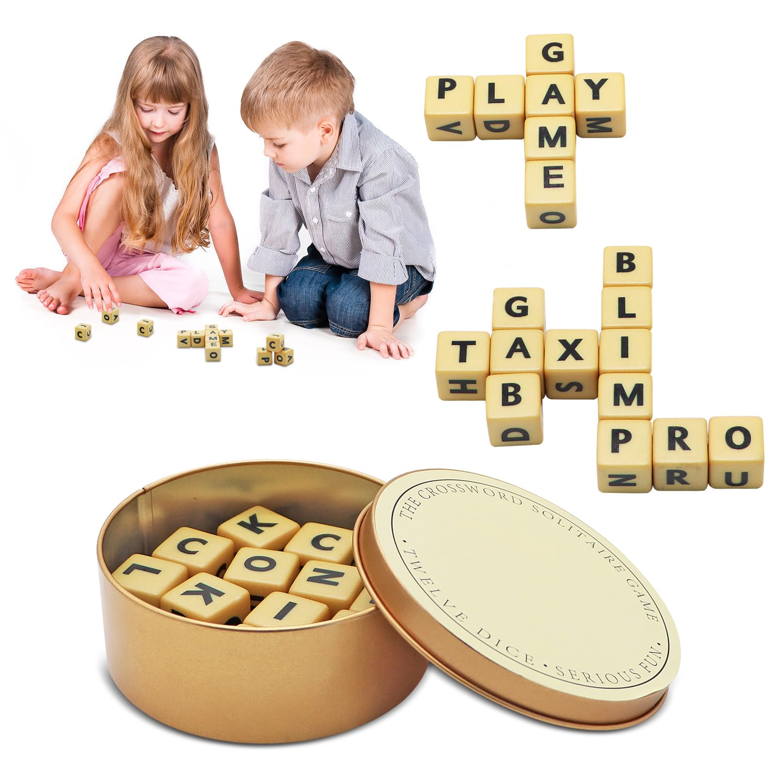 Alphabet 12-Dice Set Q-Less, Crossword Solitaire Game, Educational Fun Toys for Kids