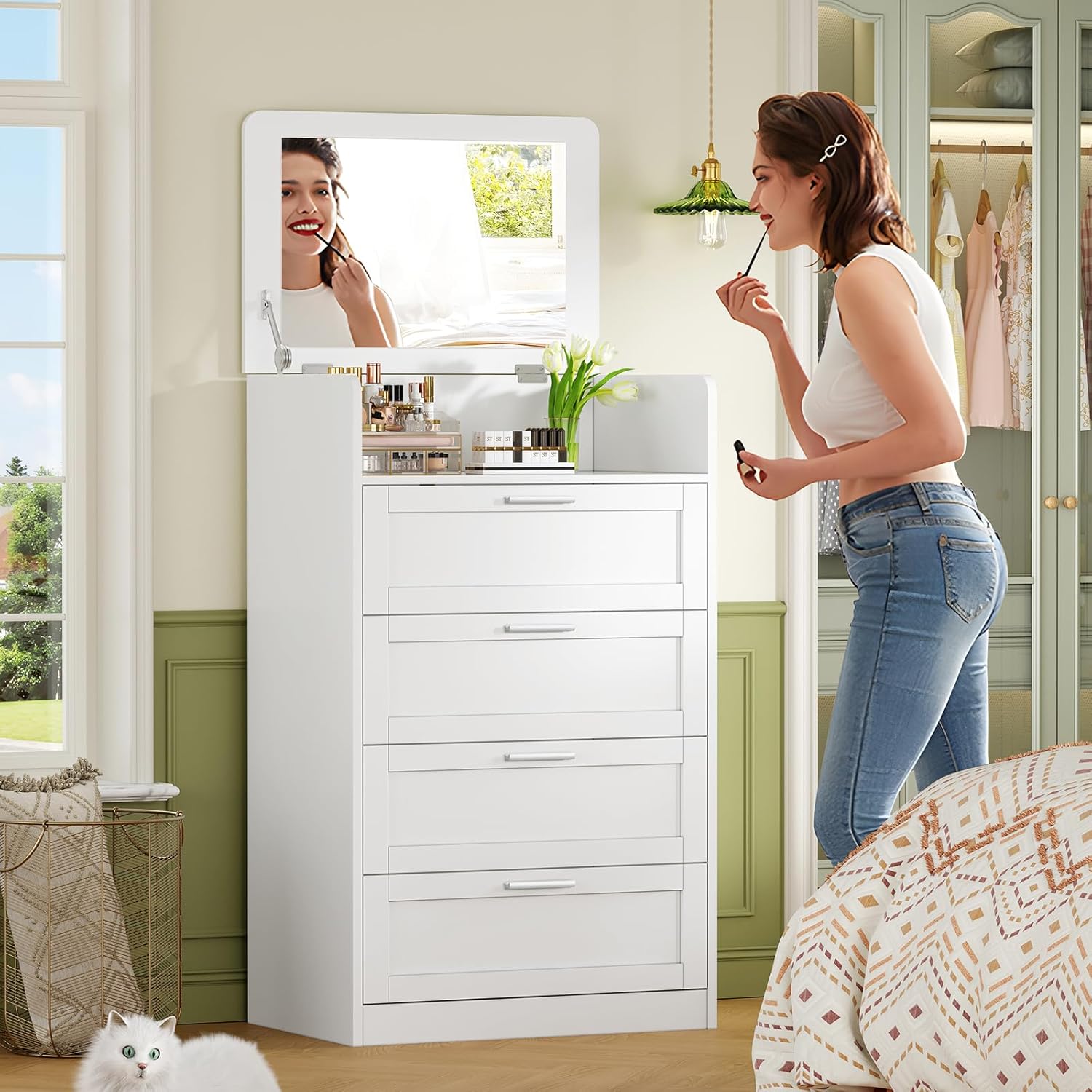 TEENFON Dresser for Bedroom, Tall White Dresser with 4 Drawers, Dressers with Mirror, Chest of Drawers for Bedroom, Living Room, Closet, Hallway, White