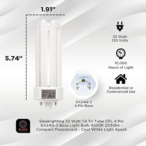 Miniatura 10 de SLEEKLIGHTING 32 W T4 Tri Tube CFL 4 Pin GX24Q-3 Bombilla Base 2700K 2030lm - Fluorescente Compacto - Luz blanca cálida 4 unidades