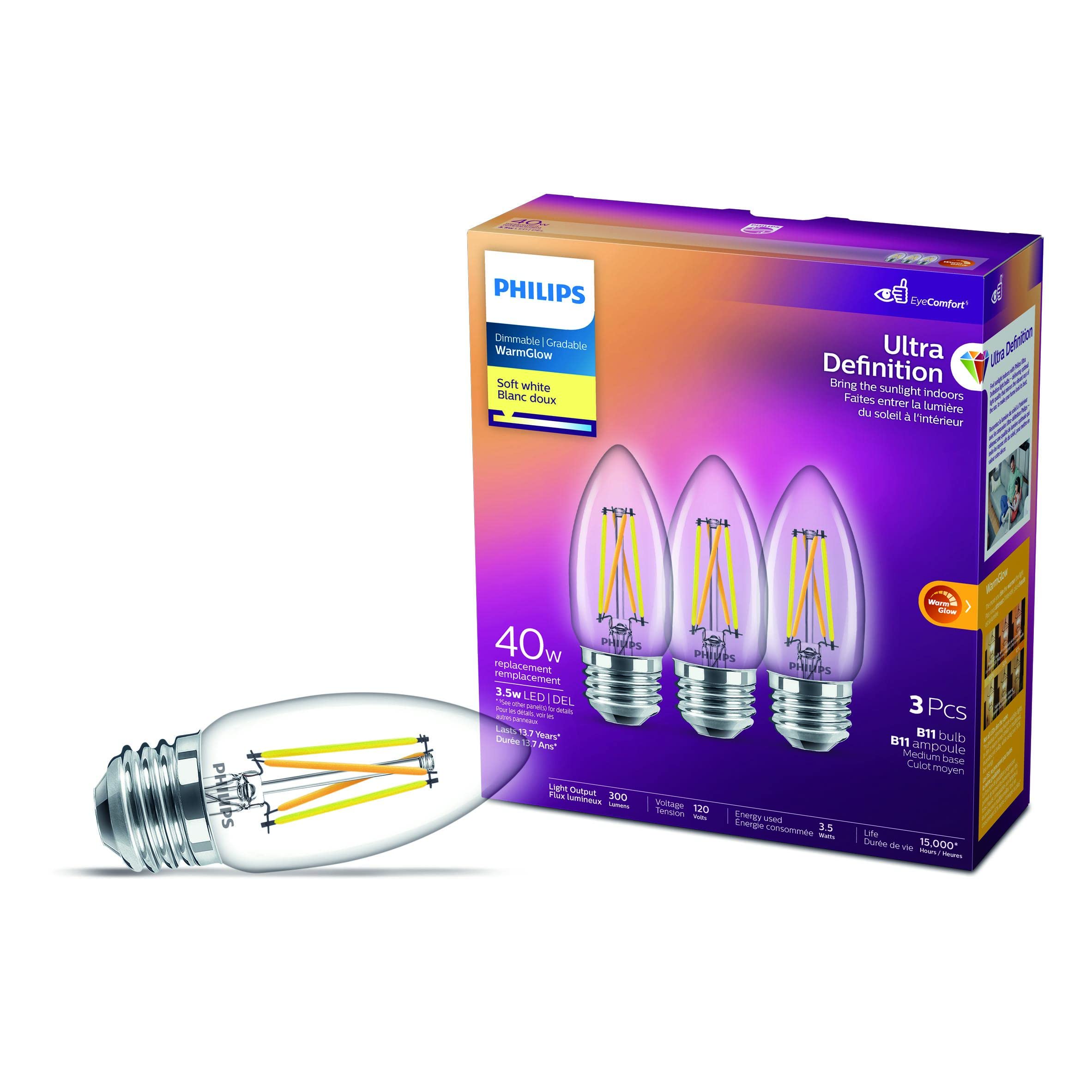 3.3W B11 Medium Base Soft White Warm Glow Dimmable LED Light Bulbs - 3 Pack