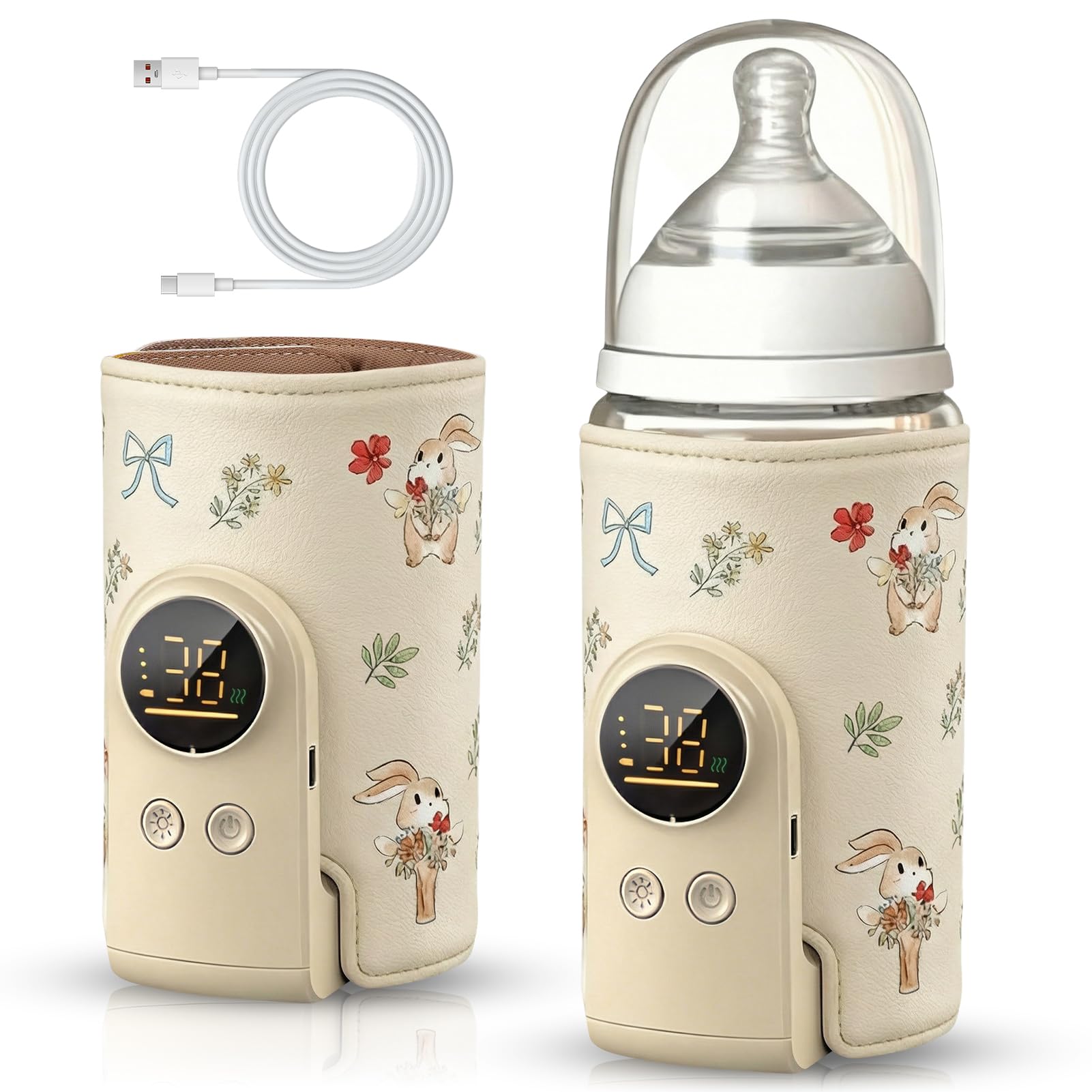 Flaschenwärmer Baby unterwegs 8000mAh Akku, 6 Temperaturen (Straußhase) | Tragbarer Flaschenwärmer mit LED-Display, Nachtlicht & USB-C Schnellladung – für unterwegs & Nachtfütterung