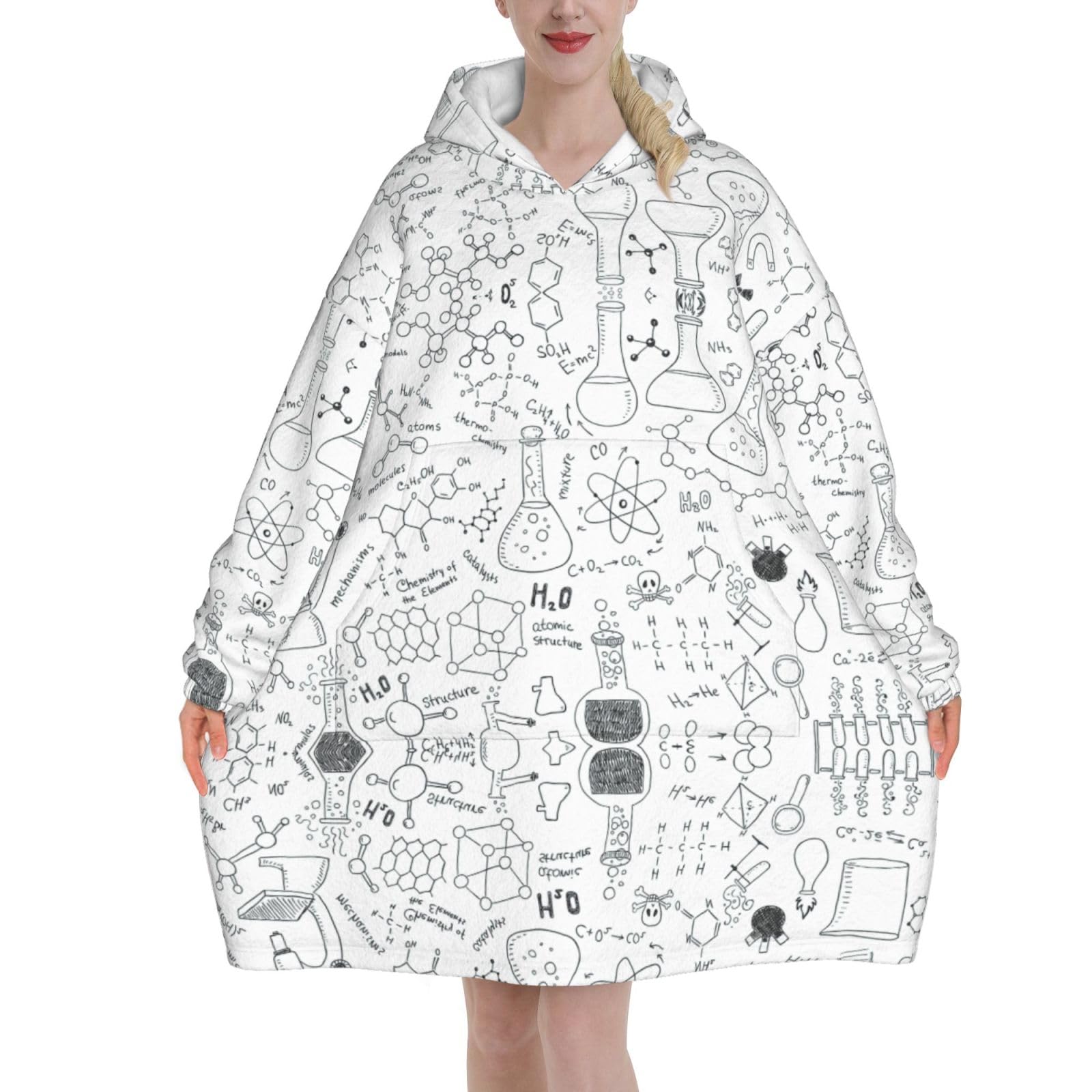 Peiyeety Unisex As Pic Chemistry Print Black White,Women's Oversized Wearable Blanket Hoodie, Sweatshirt,Flannel Pullover Blanket