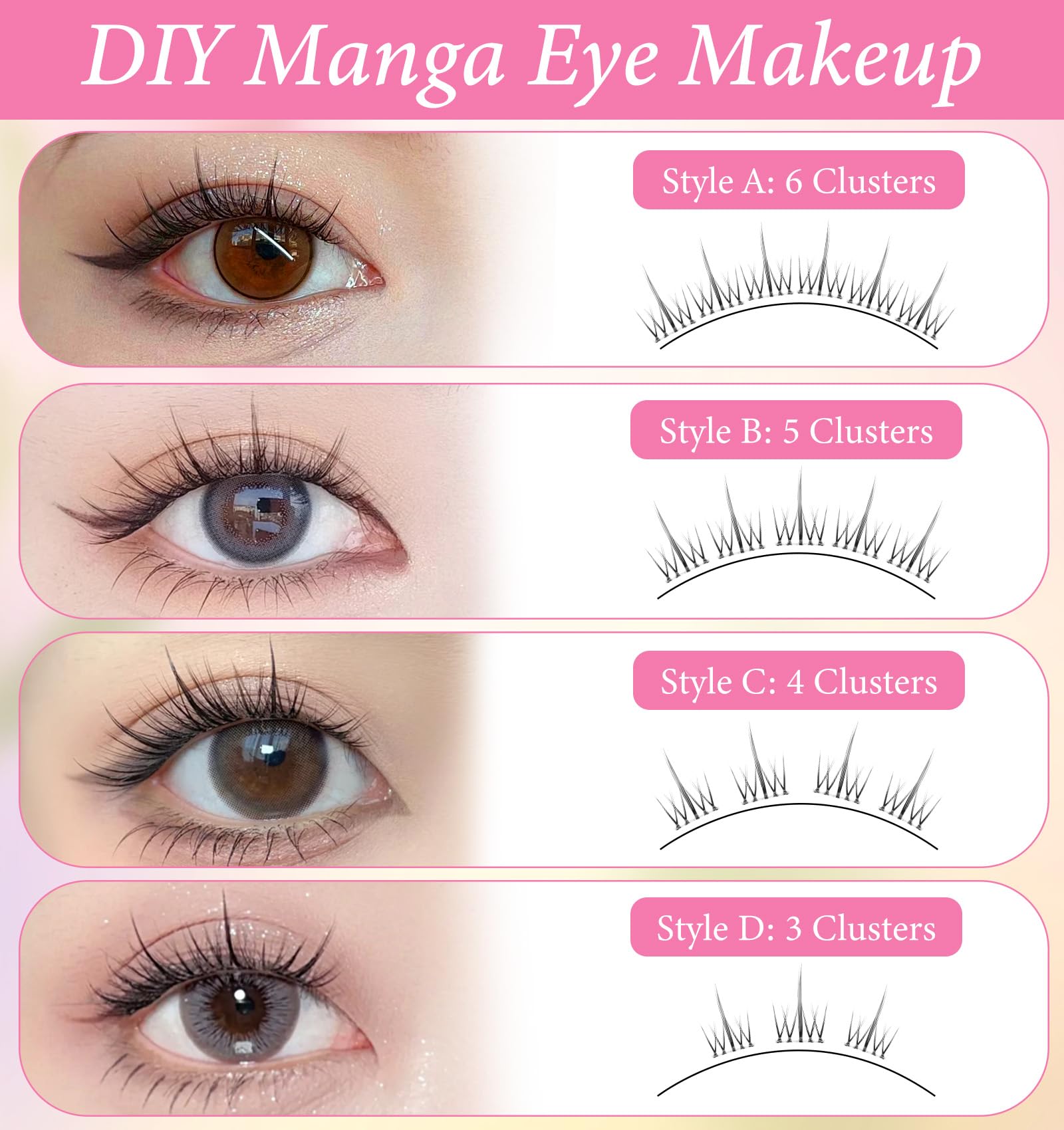 Manga Lashes Cluster, indywidualne rzęsy anime, 9-12 mm, mieszanka rzęs Wispy, niewidoczna taśma, przedłużenie rzęs do Cosplay