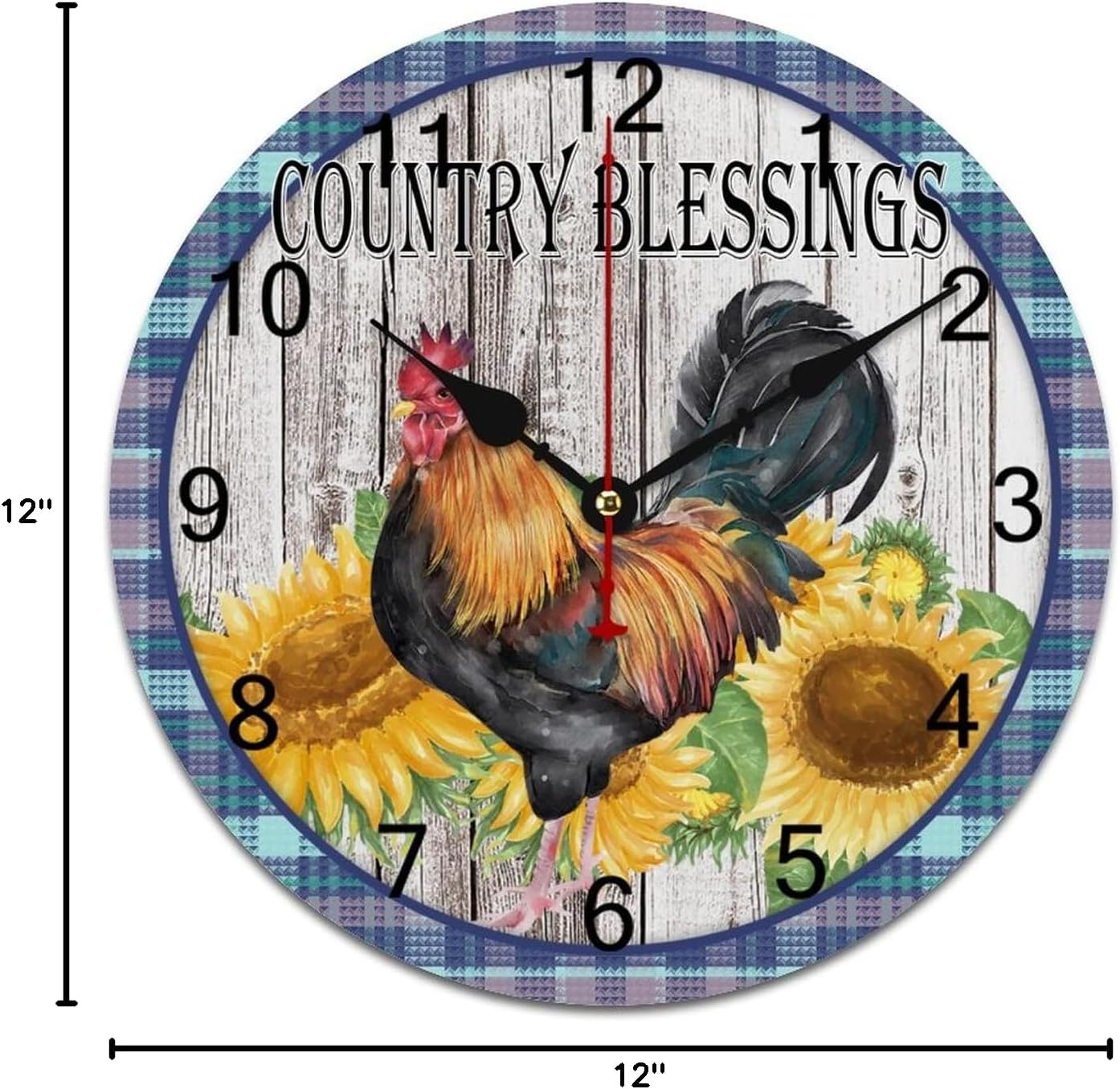 Vintage Rooster Sunflower Wall Clock Country Blessing Hanging Quiet Non-Ticking Battery Operated Decorative Modern Round Wall Clock for Living Room Bedroom Kitchen Office 12 Inch