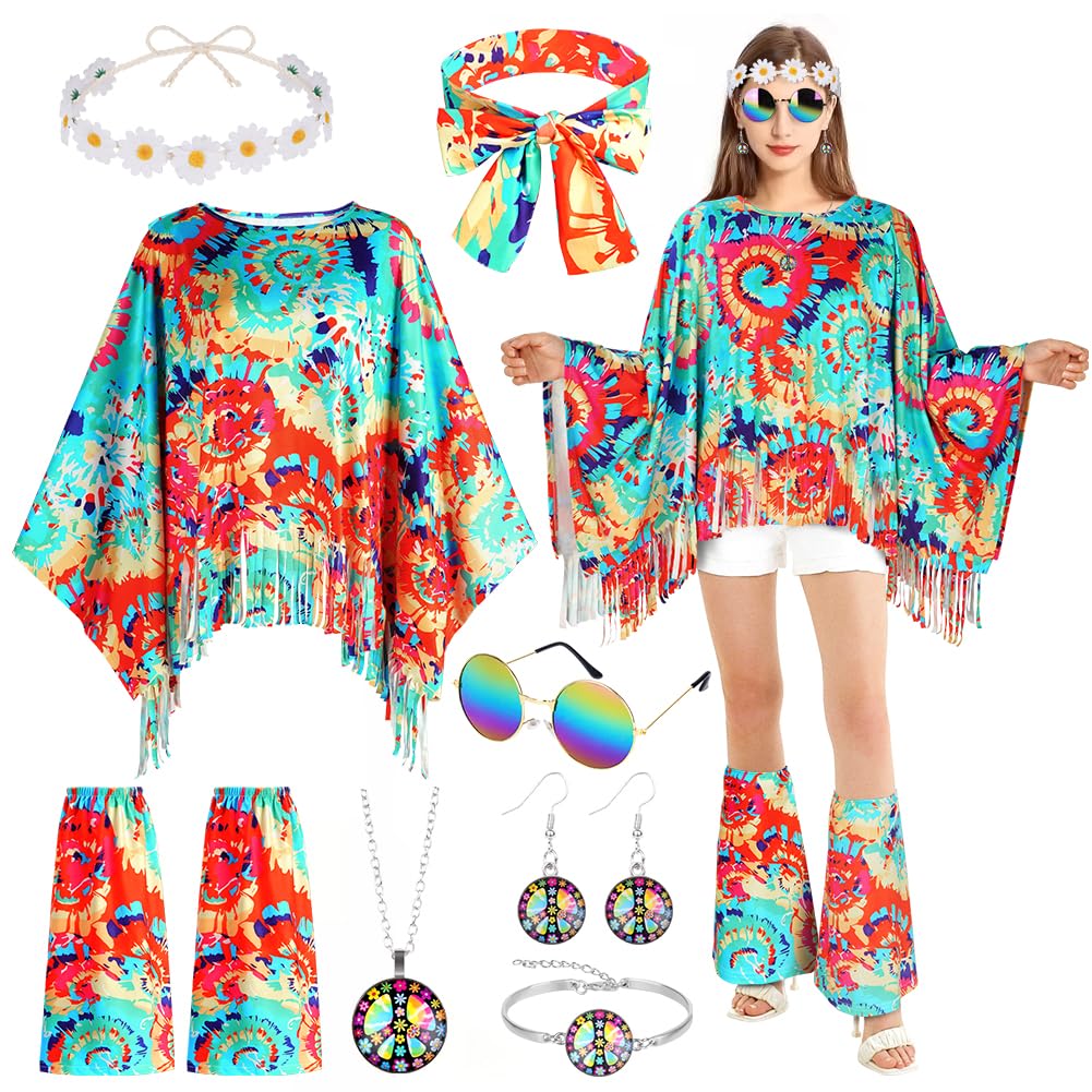 AOOWU Women's Hippie Costume, 10 Pieces Vintage Style 60s 70s Hippie Accessories, with Glasses Headband Years with Covers, Carnival Costume Halloween