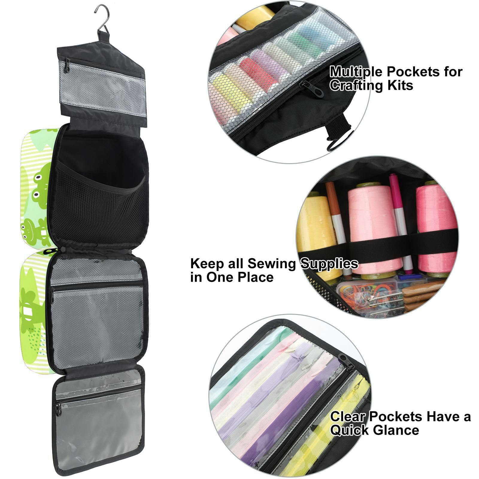 YNNALE Sewing Supply Organizer Bag, Cute Green Frog Cartoon Pound Frogs Portable Sewing Bags with Pockets&Hanger, Sewing Storage Box Case for Sew Supplies/Kit/Tools/Accessories (BAG ONLY)