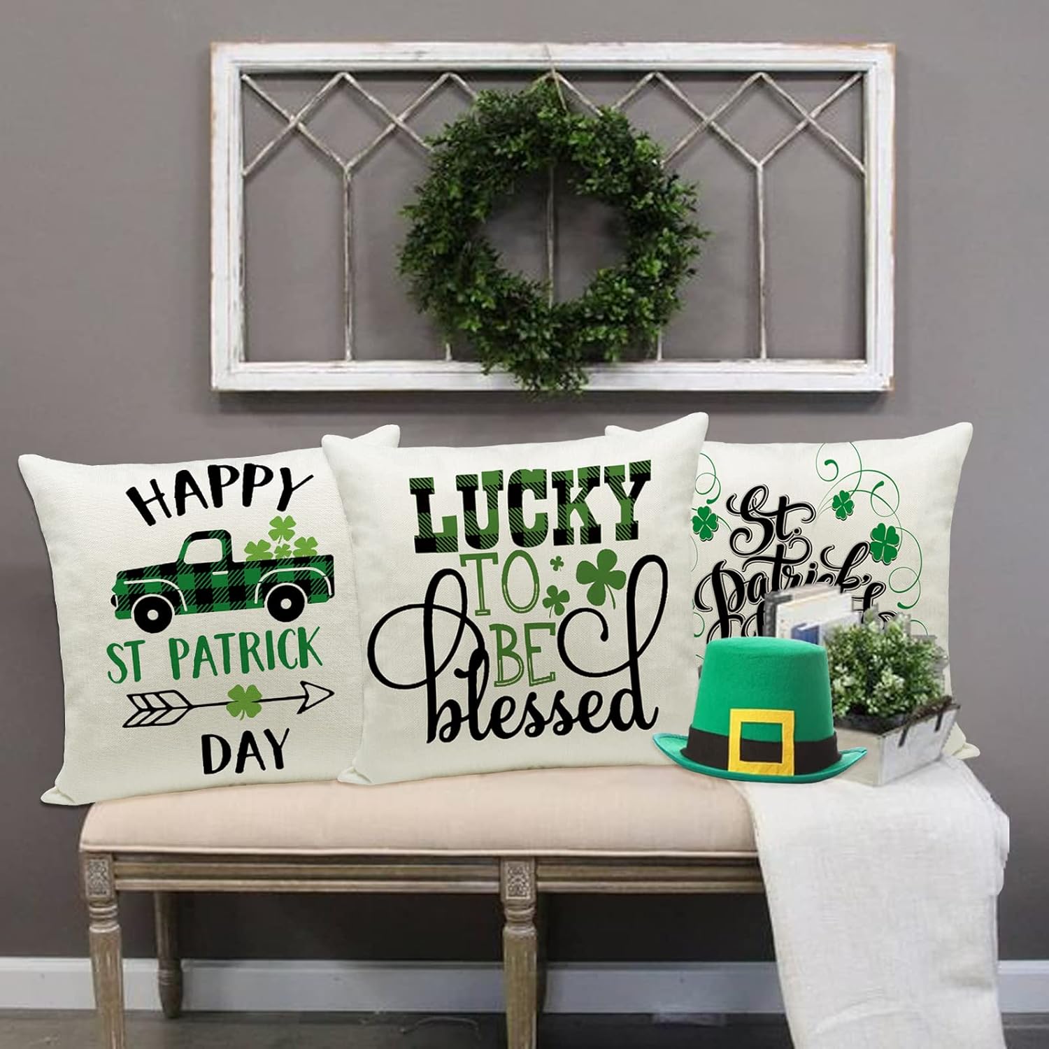 Ueerdand St Patrick's Day Pillow Covers Set of 4 18x18 Inch Shamrock Happy St Patrick's Day Decorations Green Clover Buffalo Plaid Lucky Truck Decorative Pillow Cases Throw Cushion Covers - Image 4