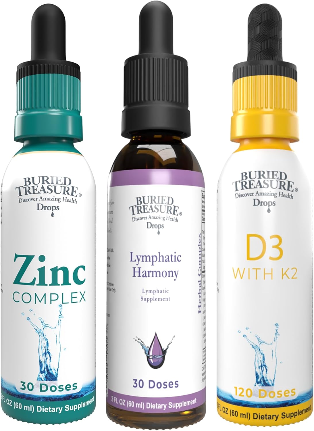 Buried Treasure Vitamin D3 K2, Ionic Zinc & Lymphatic Harmony, Liquid Drops Supplement Bundle