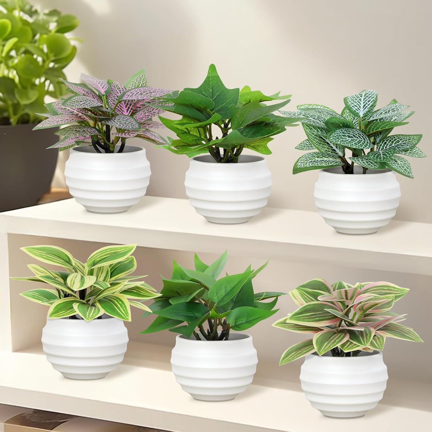 Artificial Potted Plants Set of 6, Bathroom Decor 3.94" Mini Fake Plants in Plastic Pots - Realistic Fake Greenery for Home, Office, Desk, Bathroom & Kitchen Decor,Small Plants Gift Set