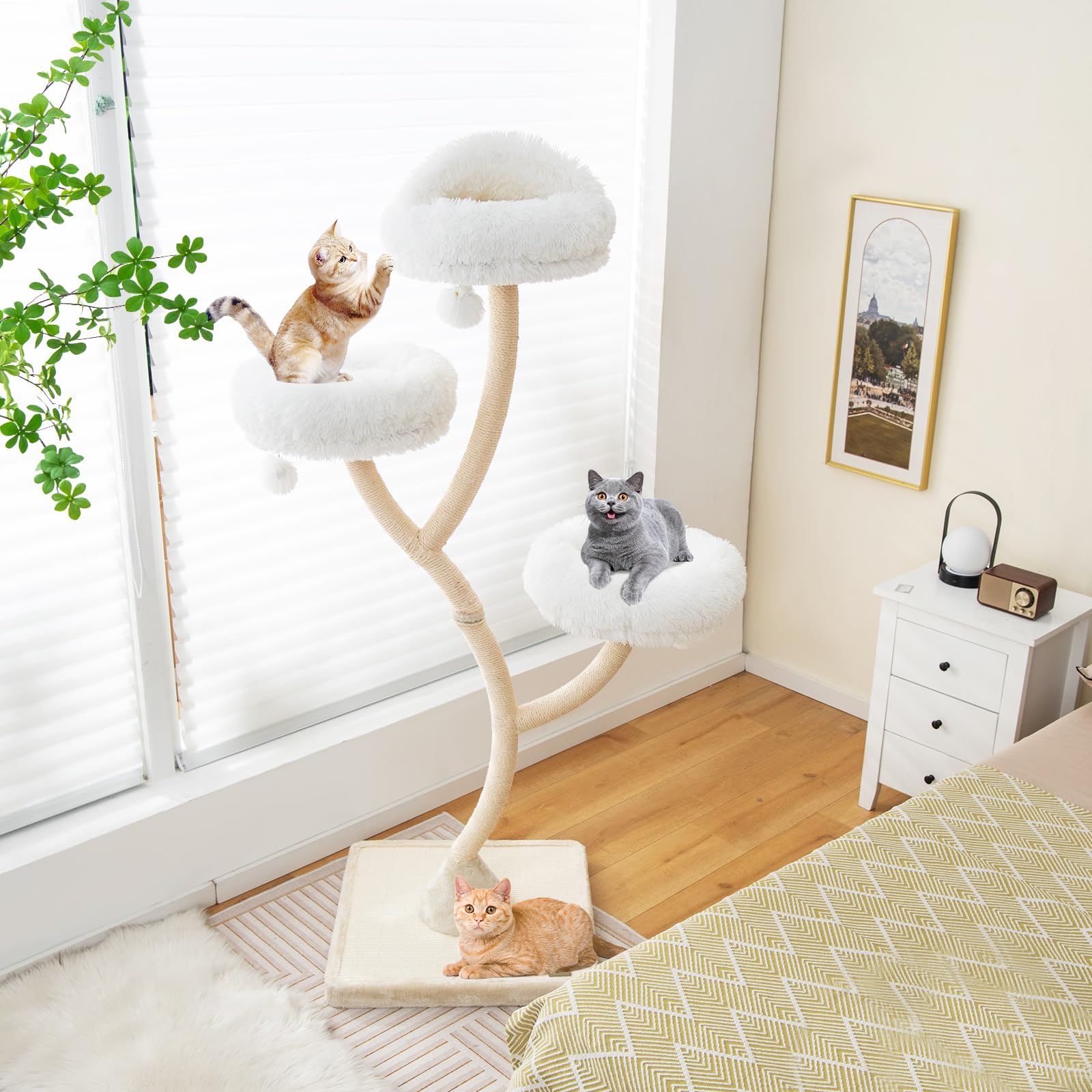 GOPLUS Arbre a Chat Moderne Hauteur 178 CM, Design Incurvé, Arbre à Chat avec Griffoirs et Planche en Sisal, 3 Perchoirs Chauds à 3 Niveaux, 3 Balles, Cadre en Métal, Idéal pour d'Intérieur (Beige)
