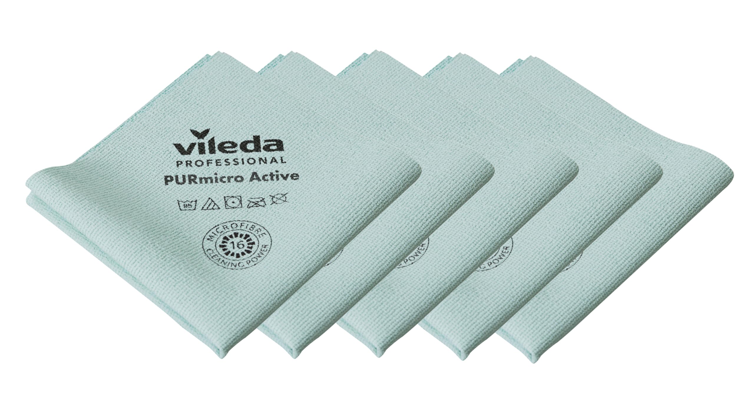 Vileda Professional Green Purmicro Active Cloths, 5-Pack – High‑Performance Microfibre With Pur Coating For Fast,Streak‑Free,High‑Absorption Cleaning On Glass,Stainless Steel & Smooth Surfaces(38X35cm)