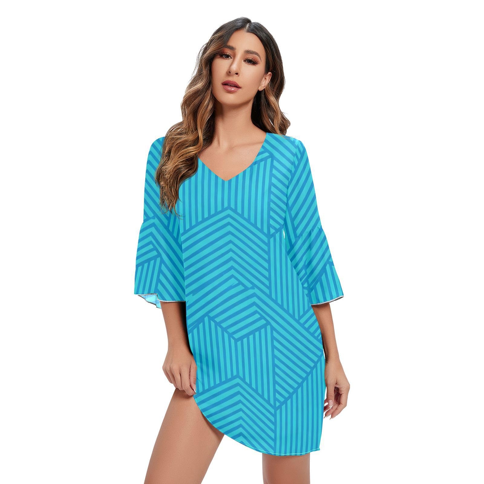 Robe d'été légère fluide imprimée bleu avec décolleté chic - 7