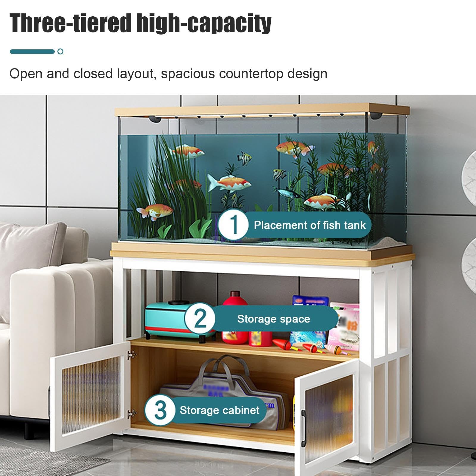 Tavolo per Acquario, Supporto per Acquario, Supporto per Terrario | Robusta Struttura in Acciaio, 3 Ripiani Aperti, Capacità di Carico 200 kg(White C,90x40x80cm/35x16x31in)