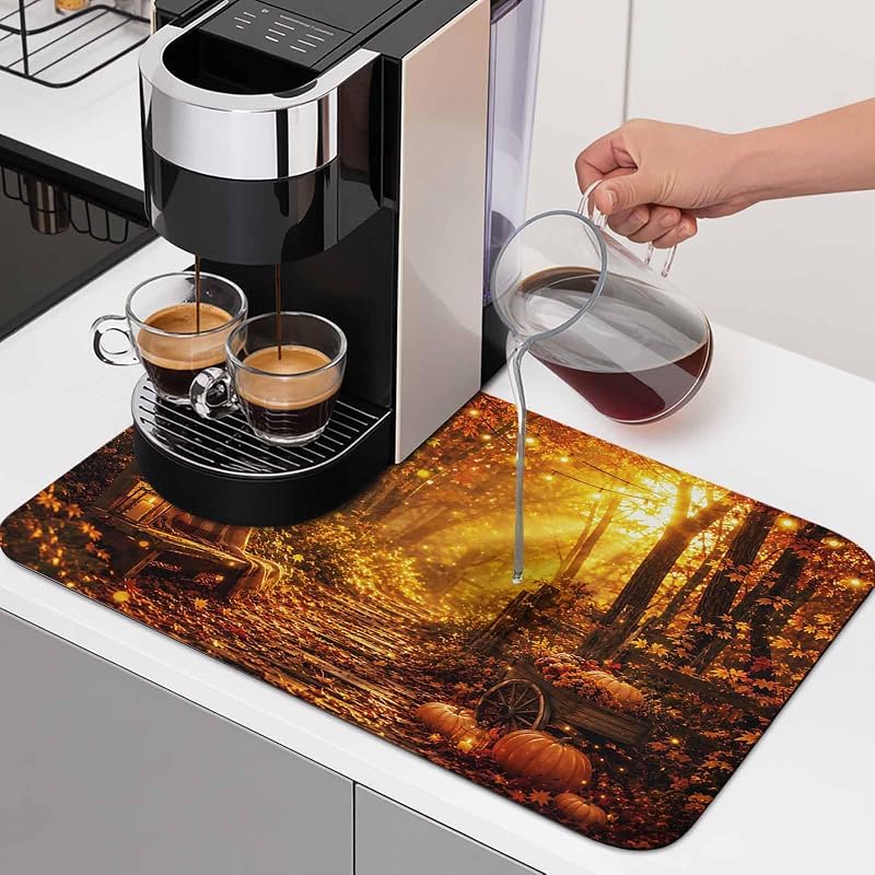 Esteras de secado de platos de bosque de arce para mostrador de cocina, otoño naranja calabazas doradas árbol rústico luces de hadas absorbente estera de barra de café con respaldo de goma antideslizante de secado rápido almohadilla para platos de 12.0 x 16.0 in