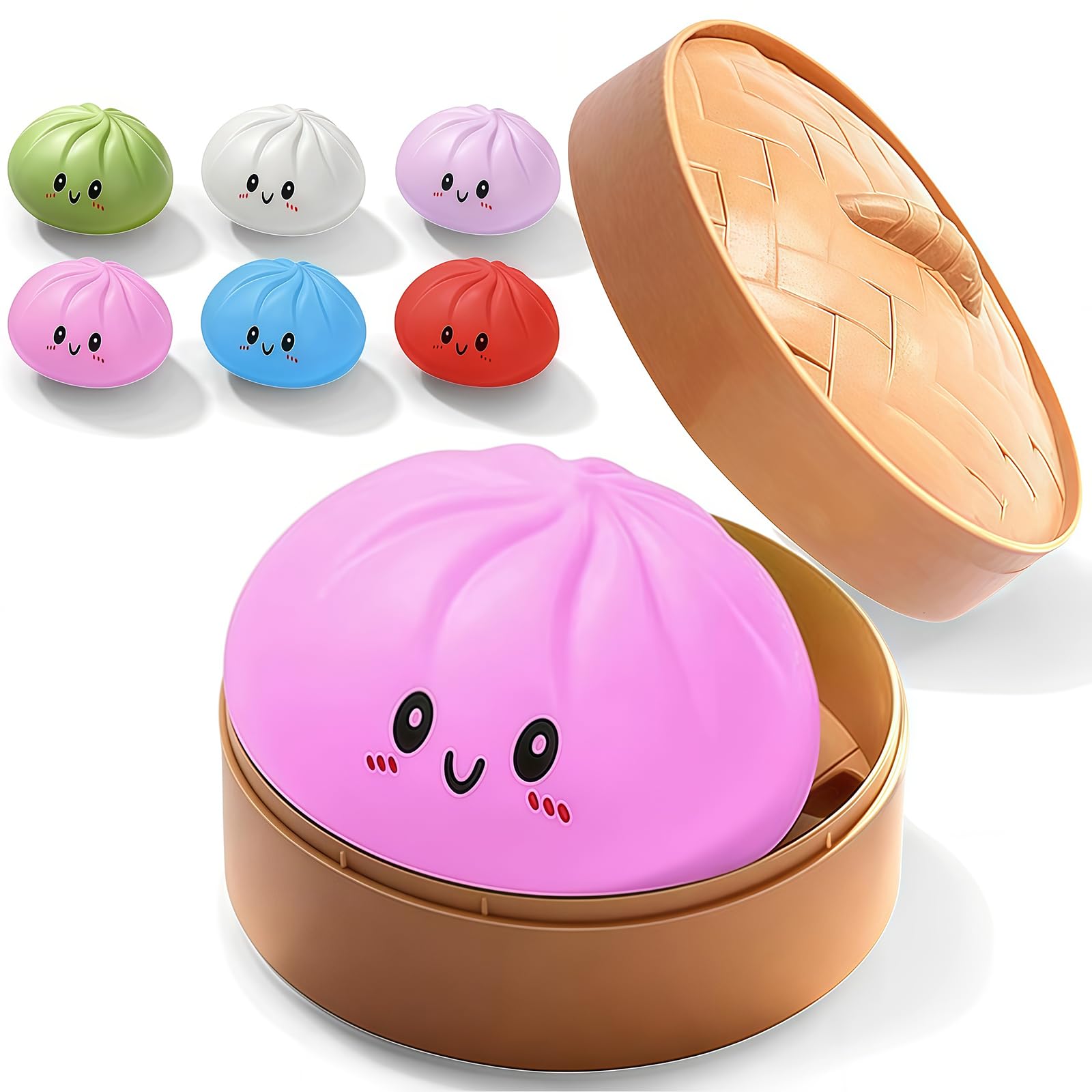Dumpling Squishies Sensory Stress Ball, Giant Glitter Dumpling for Calm & Relaxation, Stretchy Squeeze Dough Ball with Food Steamer, Desk Accessory Pink — image 1