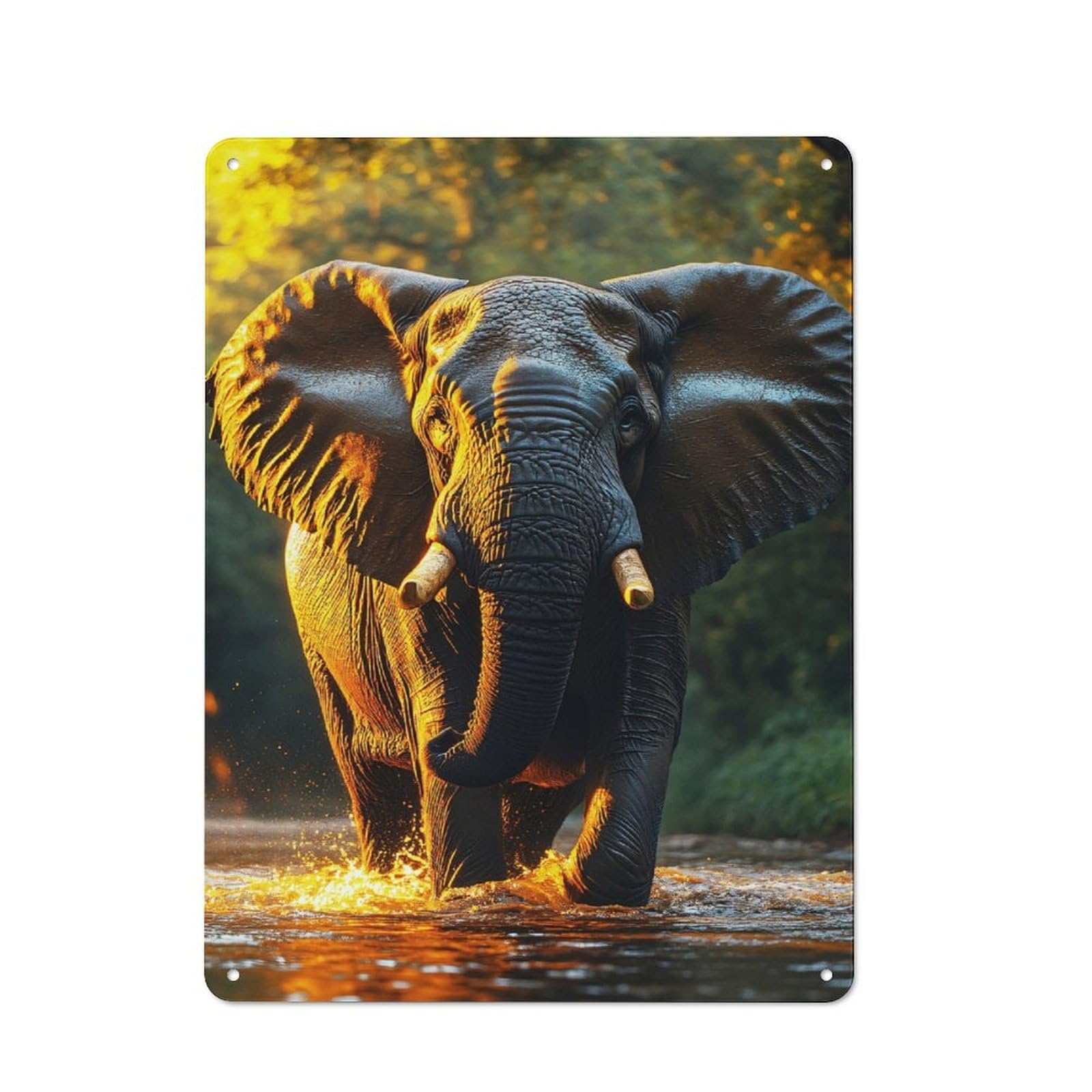 Elephant Wading through River at Sunset Rustic Tin Sign 40x30cm for Garage Or Workshop, with Clear Rustic Wall Decor Character