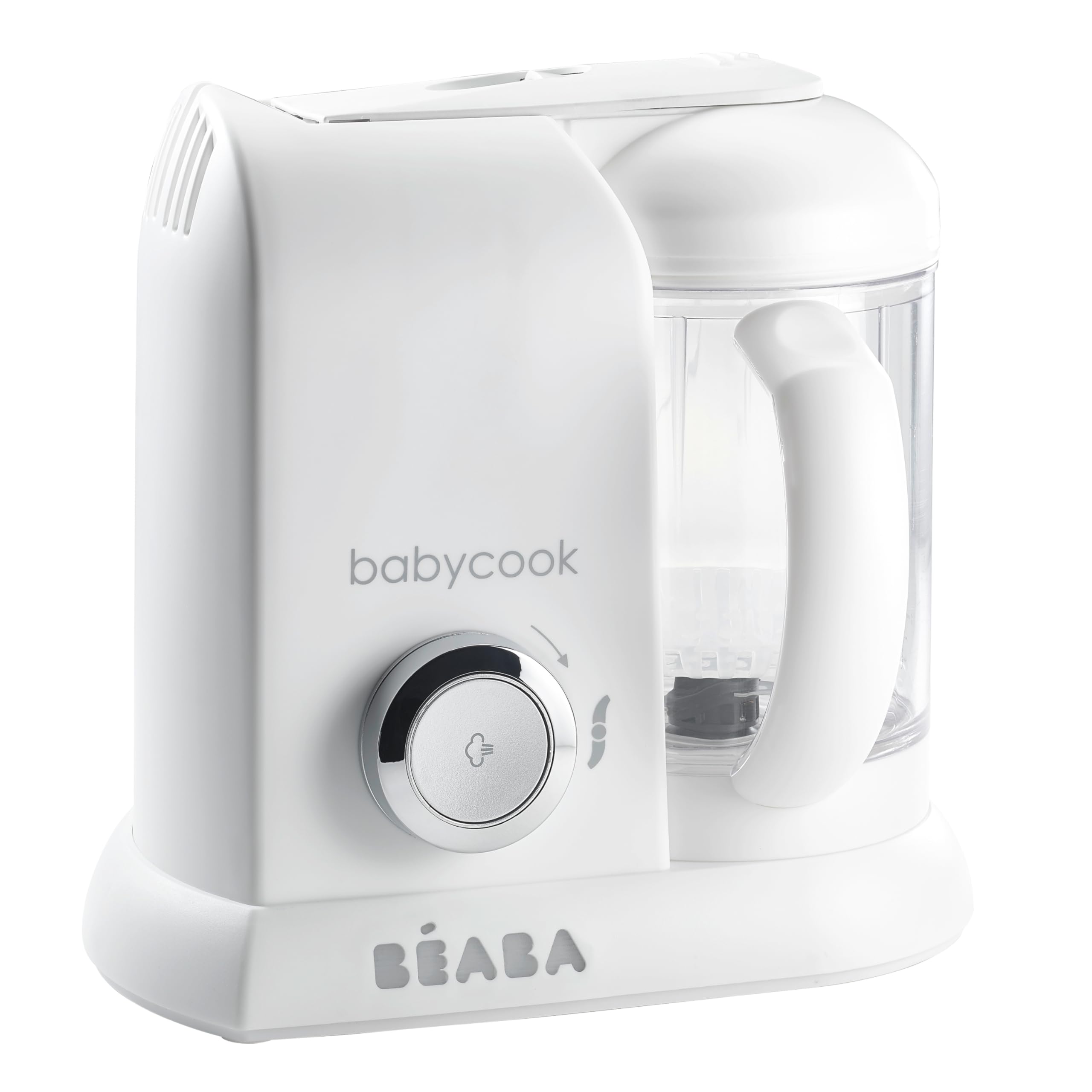 BÉABA – Babycook Solo – 4 in 1 Babynahrungszubereiter – Schonender Dampfgarer – Schnelles Dampfgaren in 15 Minuten – Garkorb aus Edelstahl – Weiss/Silber