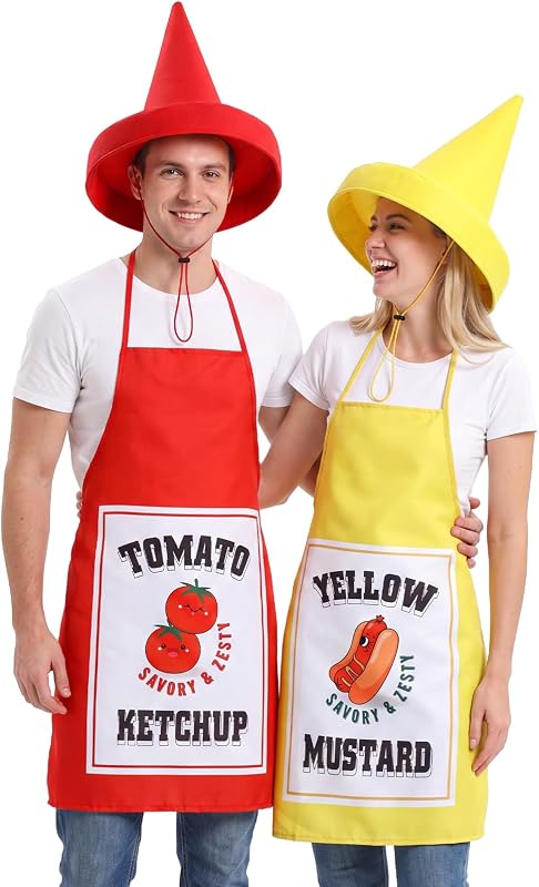 4 Pcs Ketchup Mustard Costume Apron Hat Set Halloween Couples